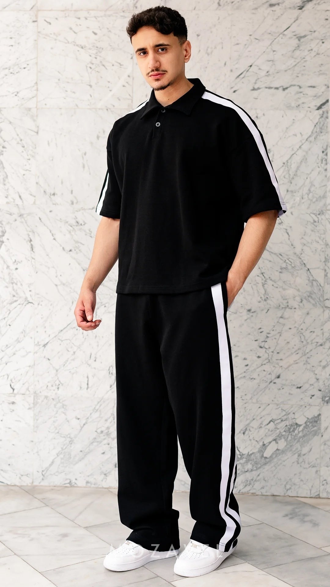 Herren Set „Lario“ – Poloshirt & Hose mit Streifen Schwarz