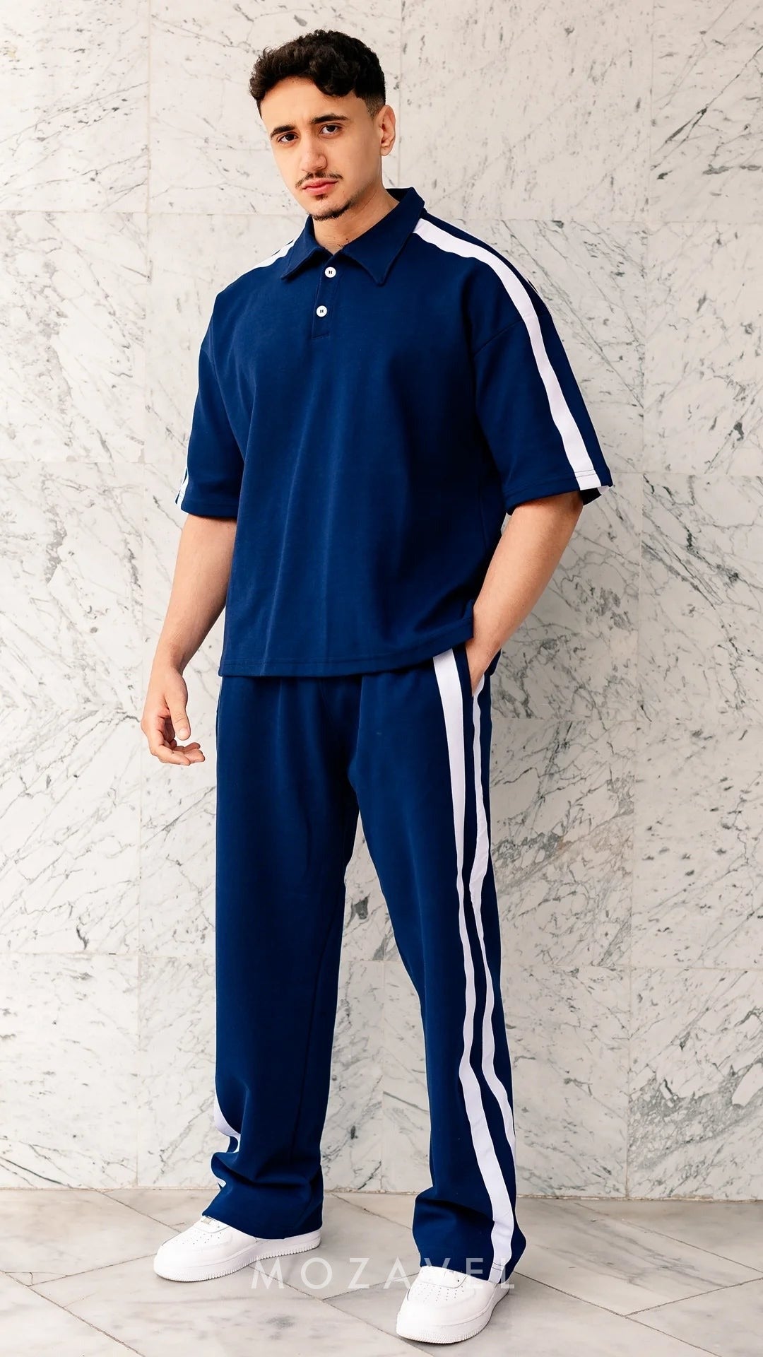 Herren Set „Lario“ – Poloshirt & Hose mit Streifen Marineblau
