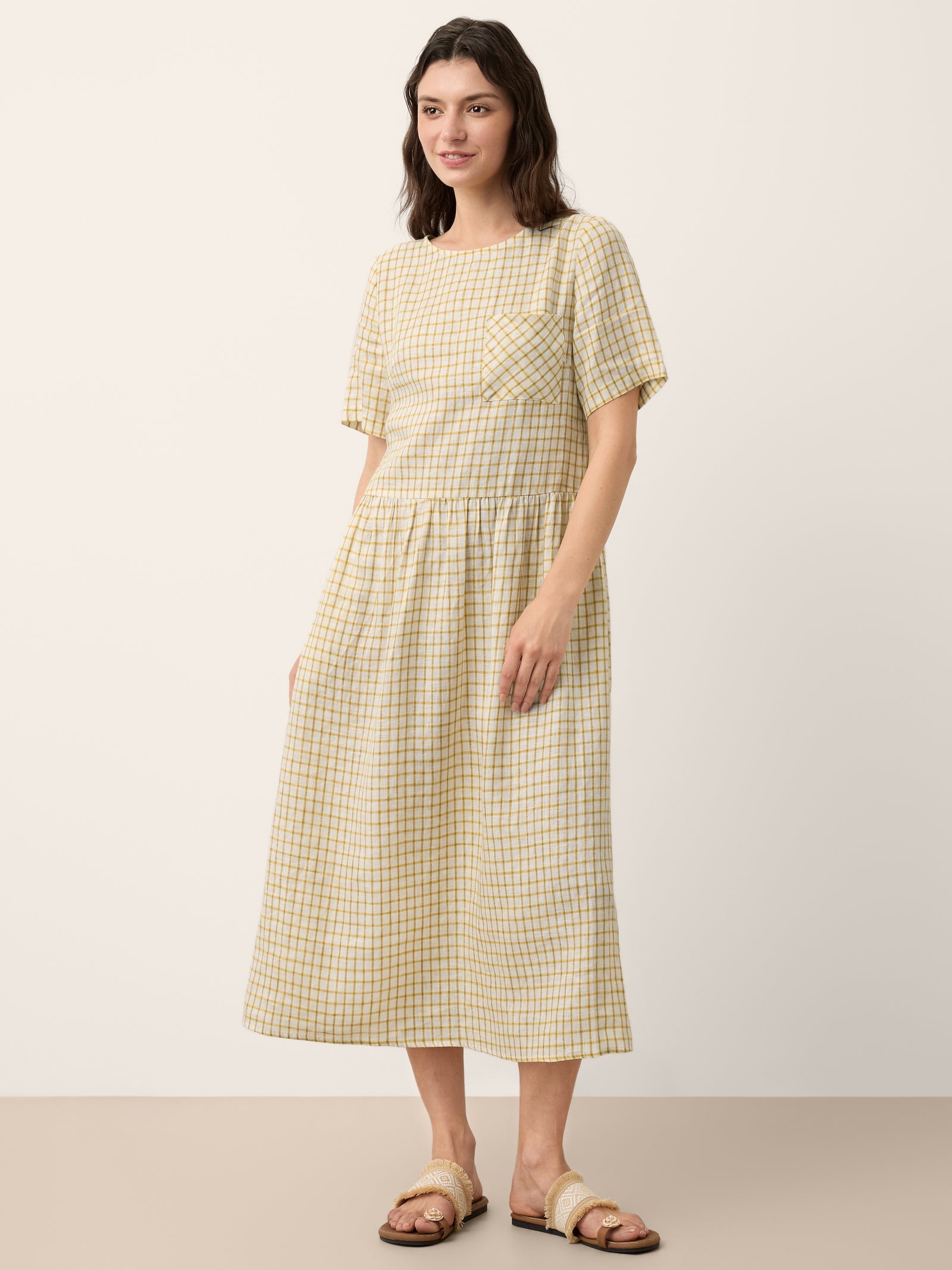 Linnen Geruite Midi-jurk met Knoopdetail