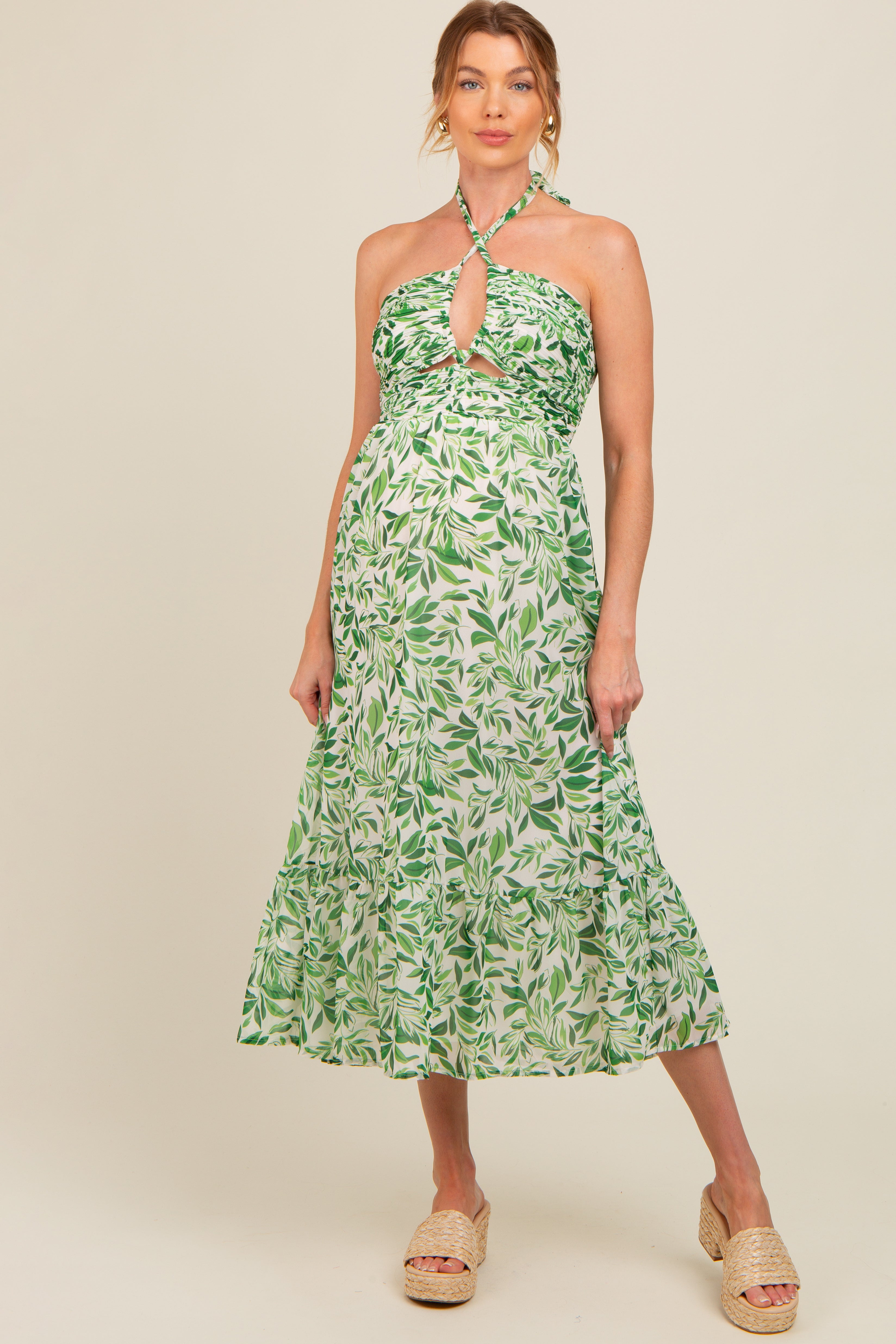 Umstands-Midikleid mit Blattprint, Neckholder und Schlüsselloch-Detail in Grün
