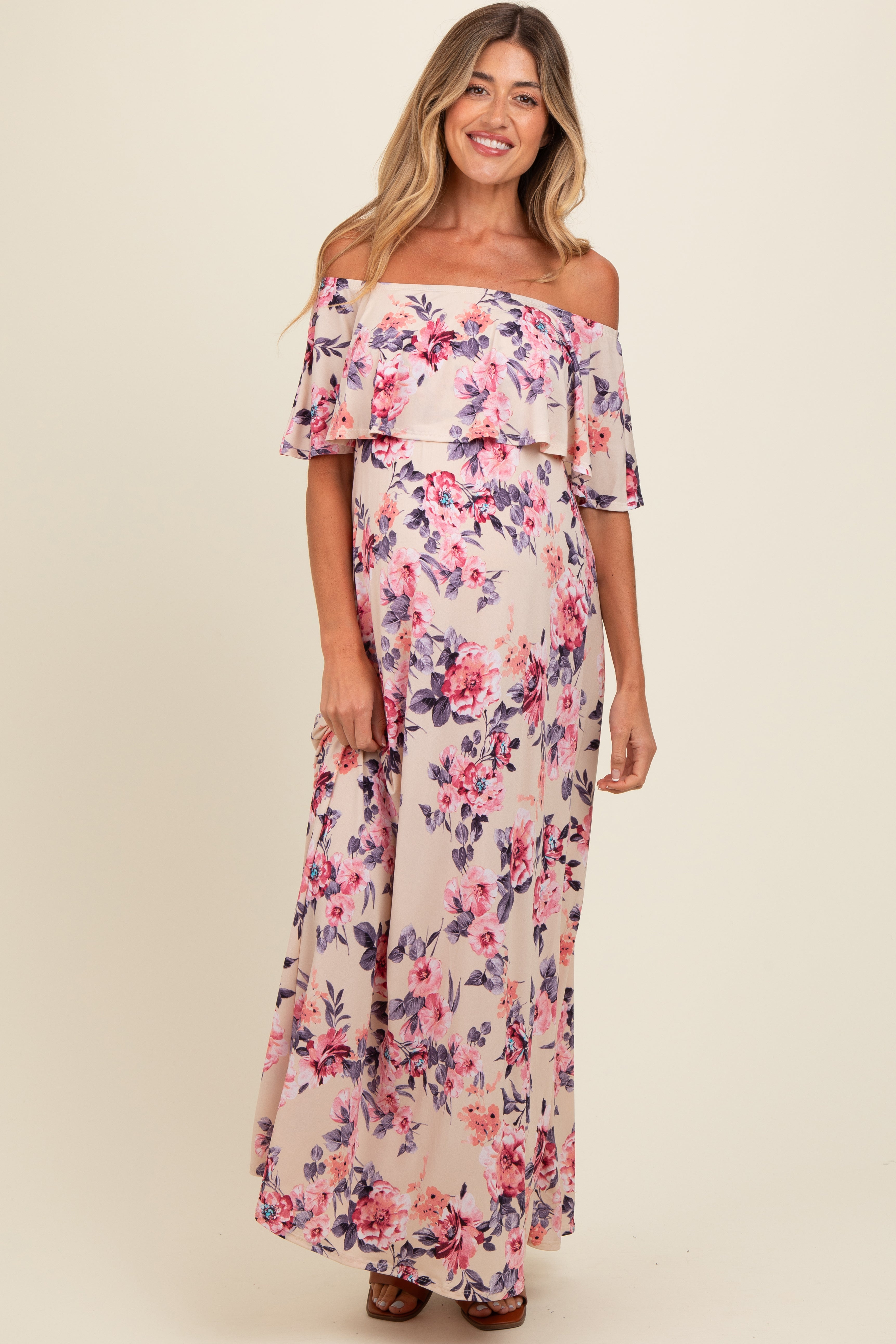 Florales Umstands-Maxikleid mit schulterfreiem Ausschnitt