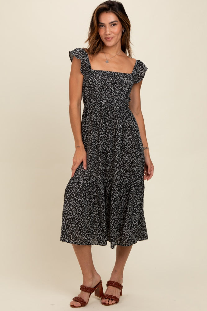 Umstands-Midikleid mit Rüschenträgern und Smok-Detail in Schwarz