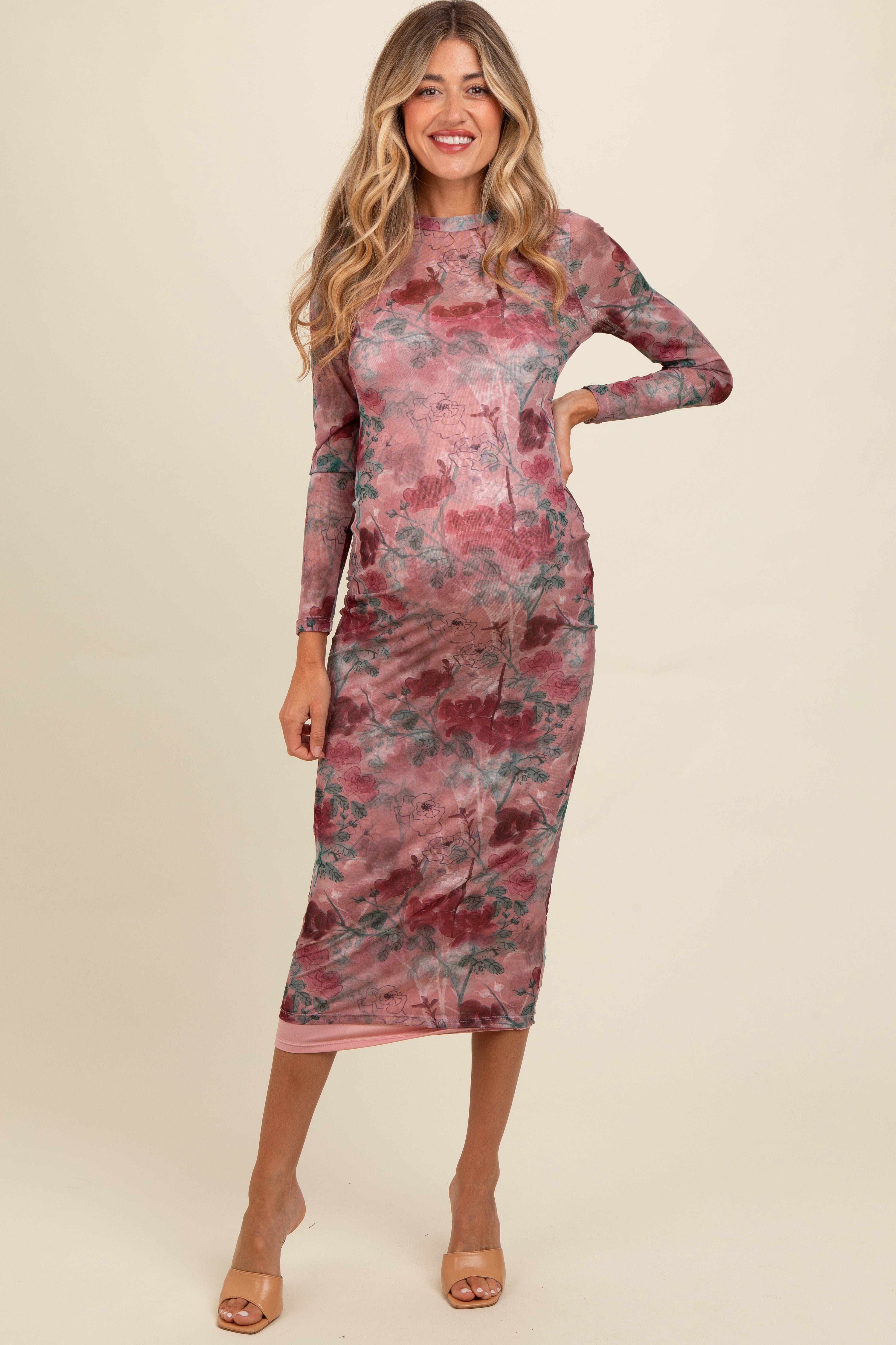 Umstands-Maxikleid mit floralem Print und Mesh-Overlay