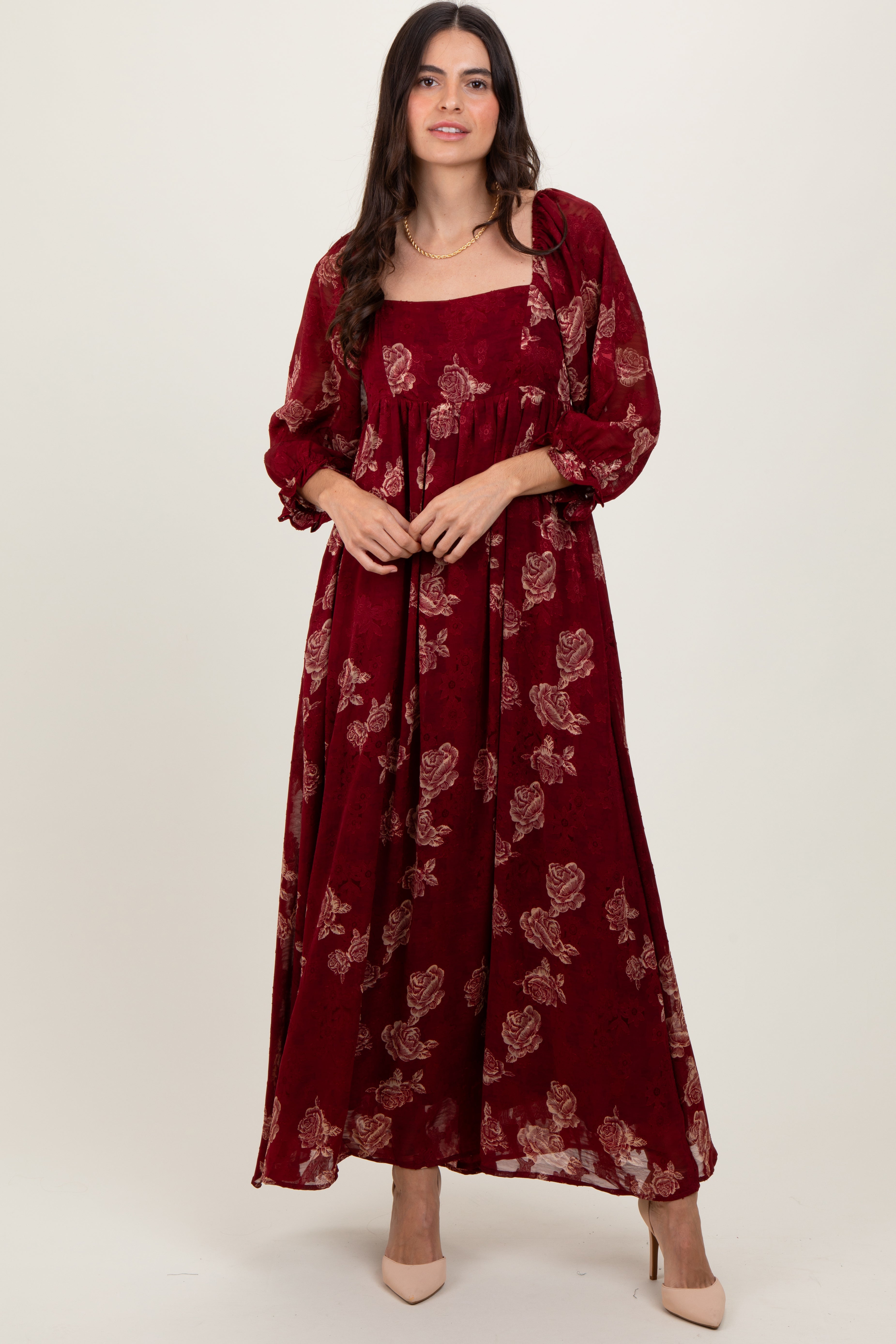 Strukturiertes Babydoll-Maxikleid im Bauernstil mit Blumenmuster