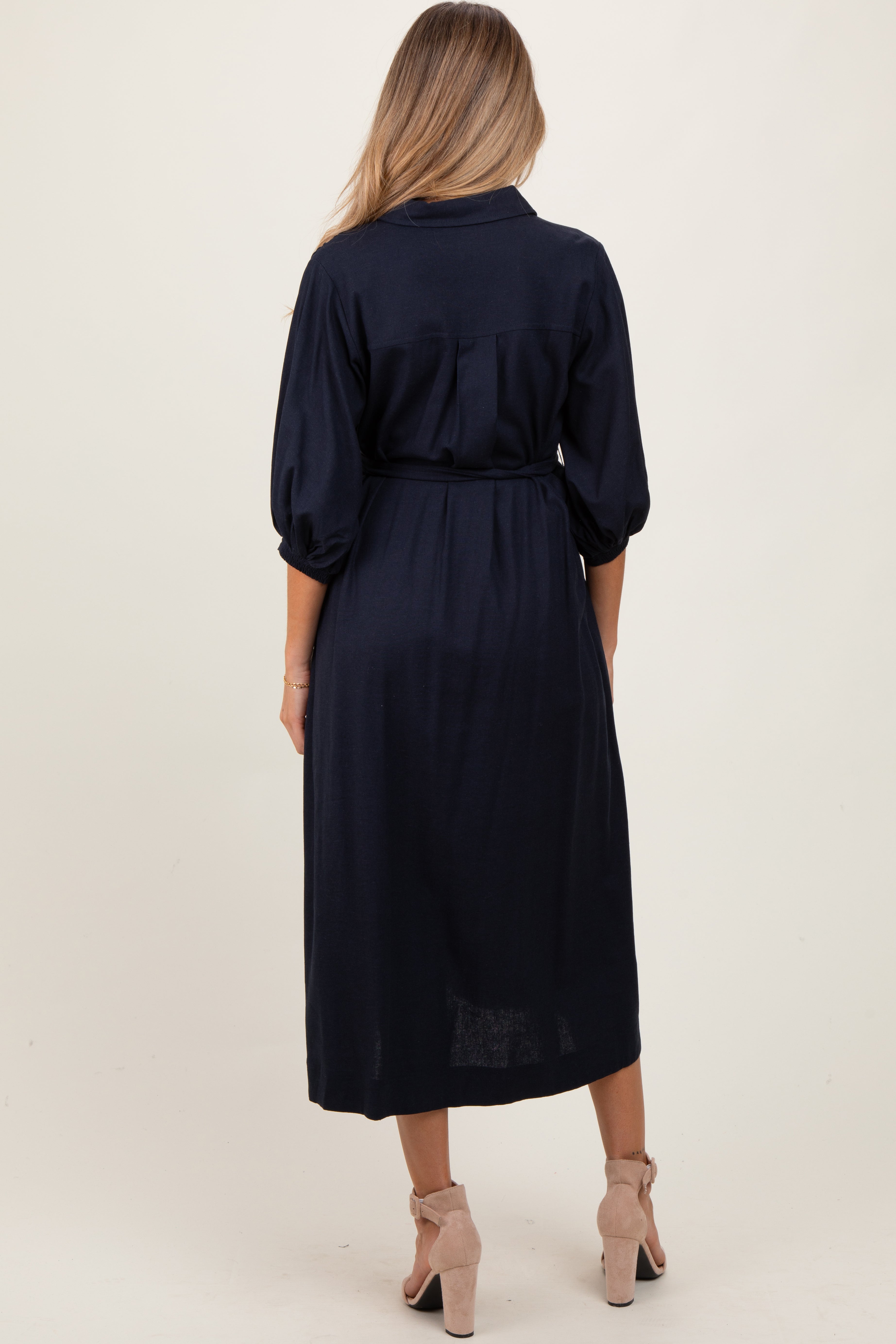 Marineblaues Umstands-Hemdblusenkleid in Midilänge mit 3/4-Ballonärmeln