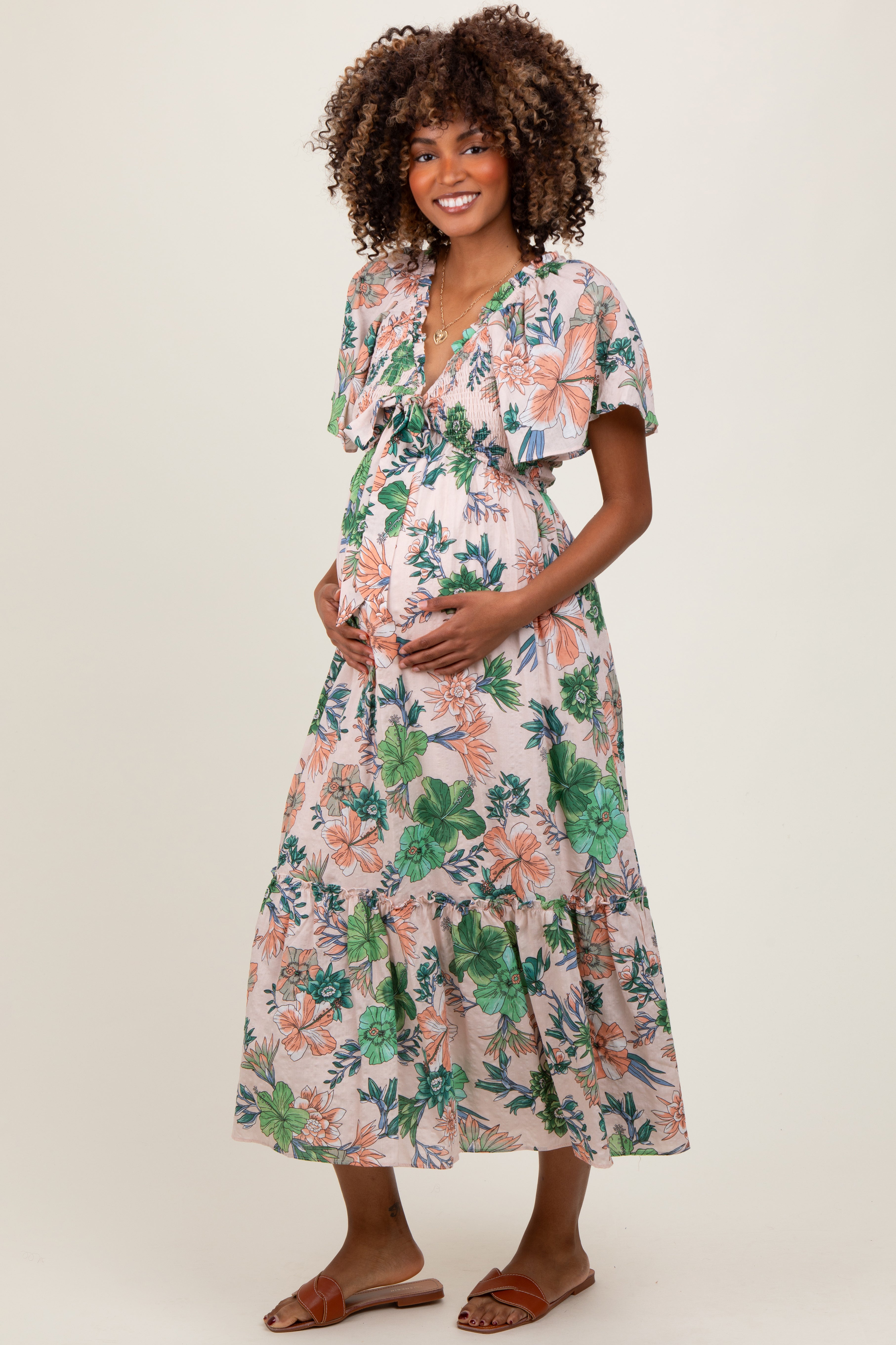 Zartrosa Umstands-Midikleid aus Webstoff mit Blumenmuster