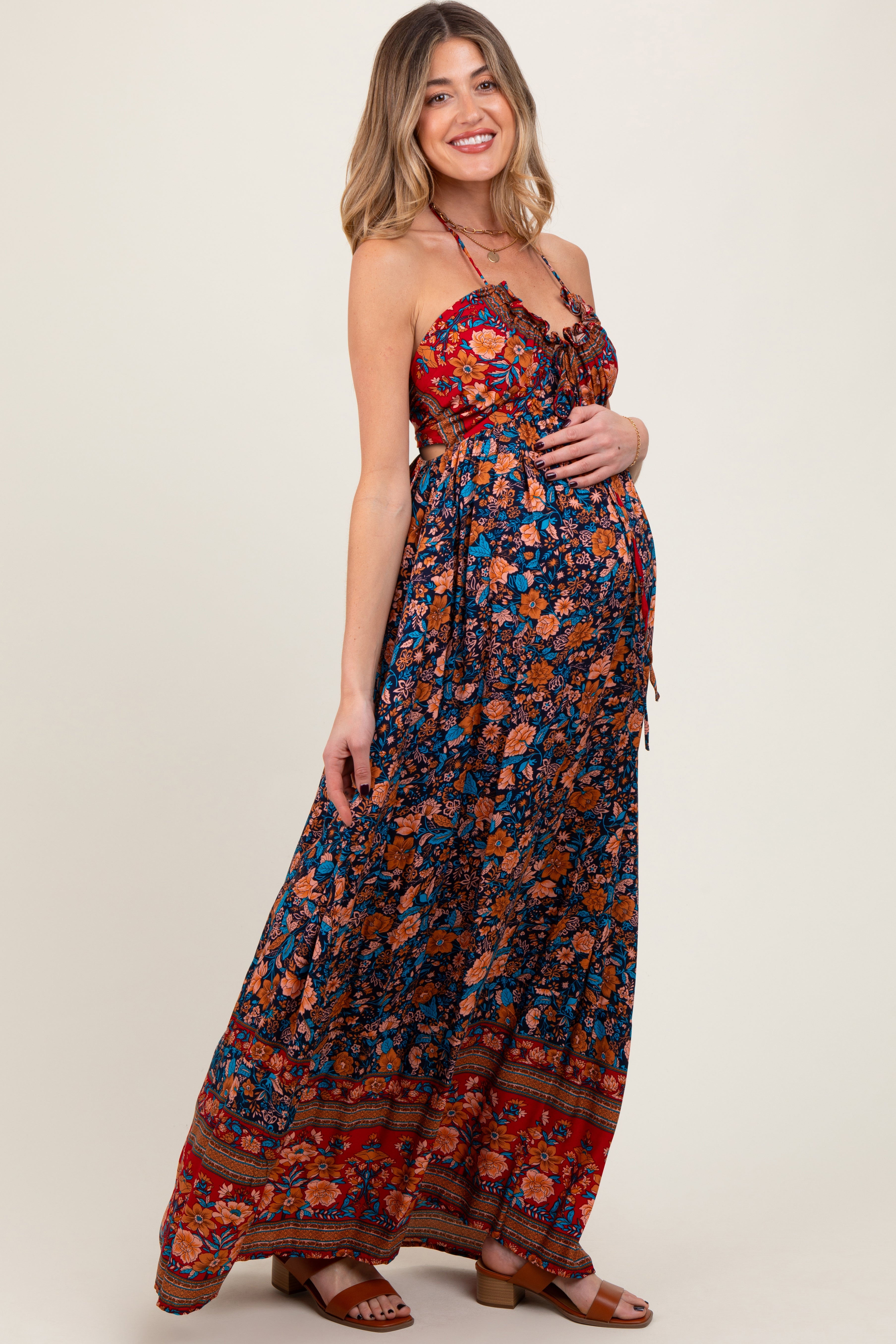 Marineblaues geblümtes Umstands-Maxikleid im Colorblock-Design mit Neckholder und Rückenbindung