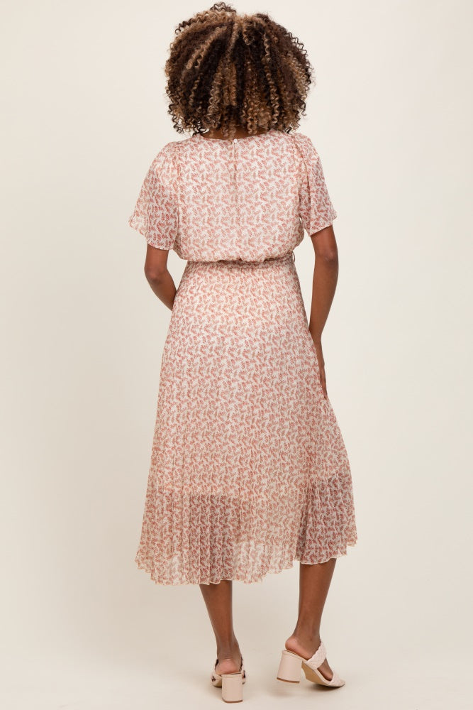 Cremefarbenes plissiertes Umstands-Midikleid mit Print