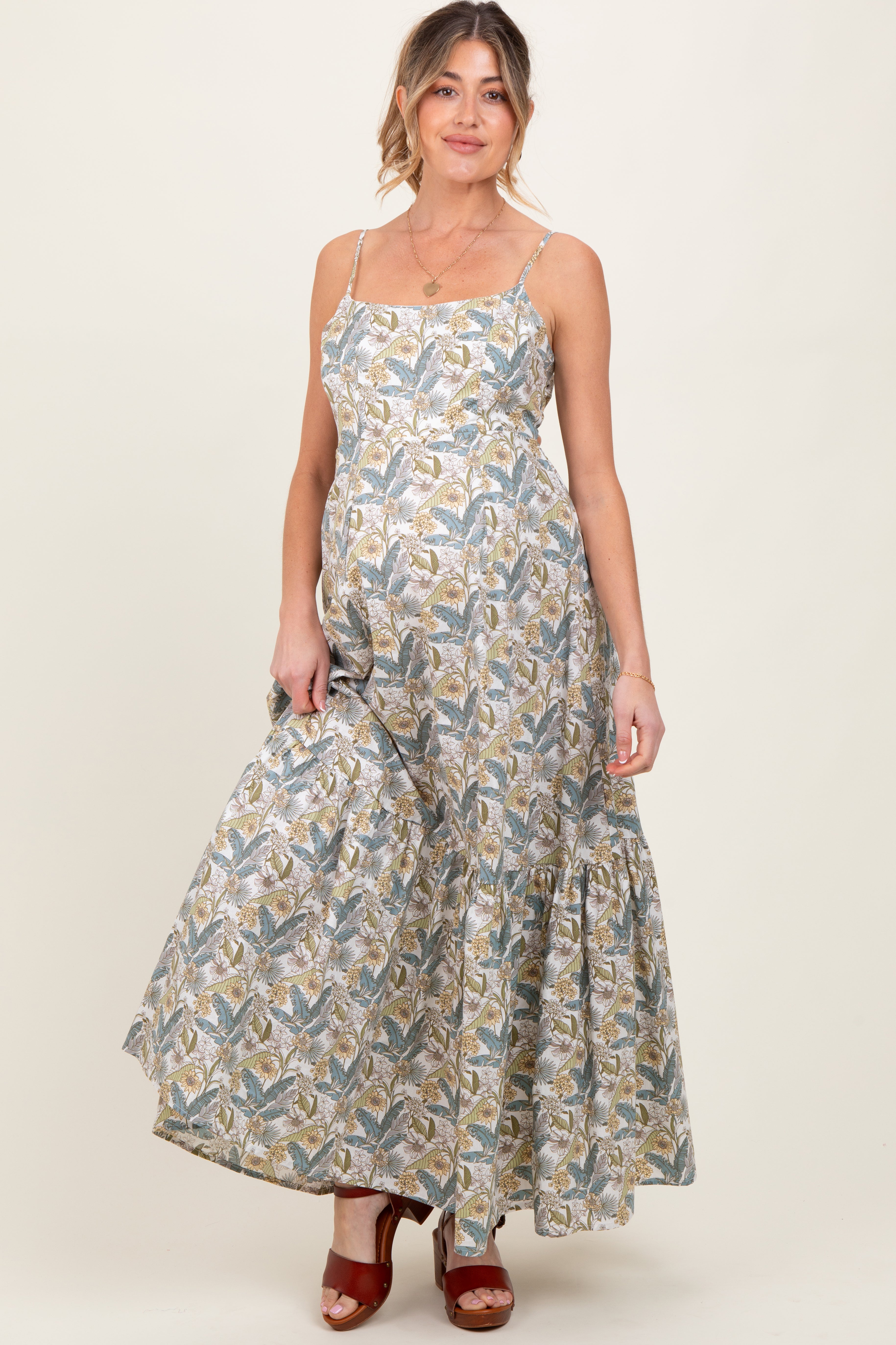 Weißes Umstands-Maxikleid mit Blumenmuster, Rückenbindung und Cut-out