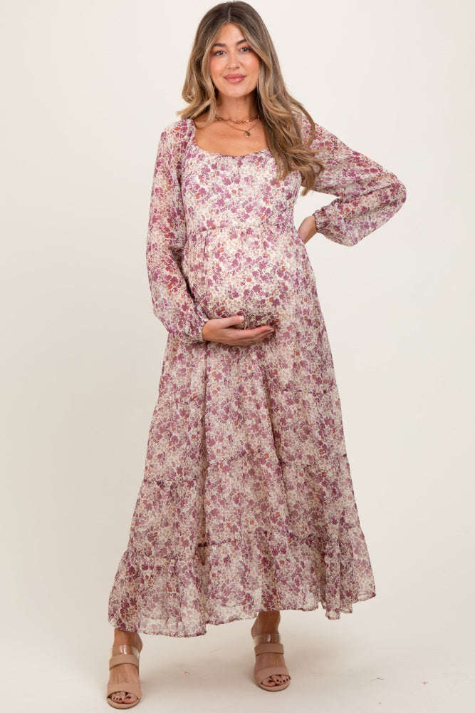 Geblümtes Umstands-Maxikleid in Mauve aus Chiffon