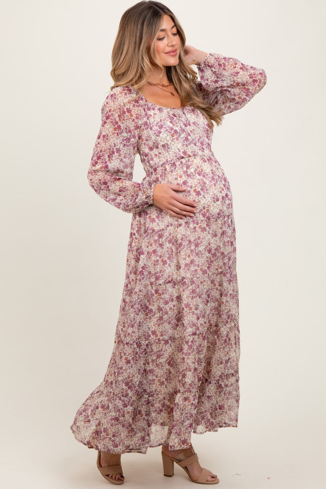 Geblümtes Umstands-Maxikleid in Mauve aus Chiffon