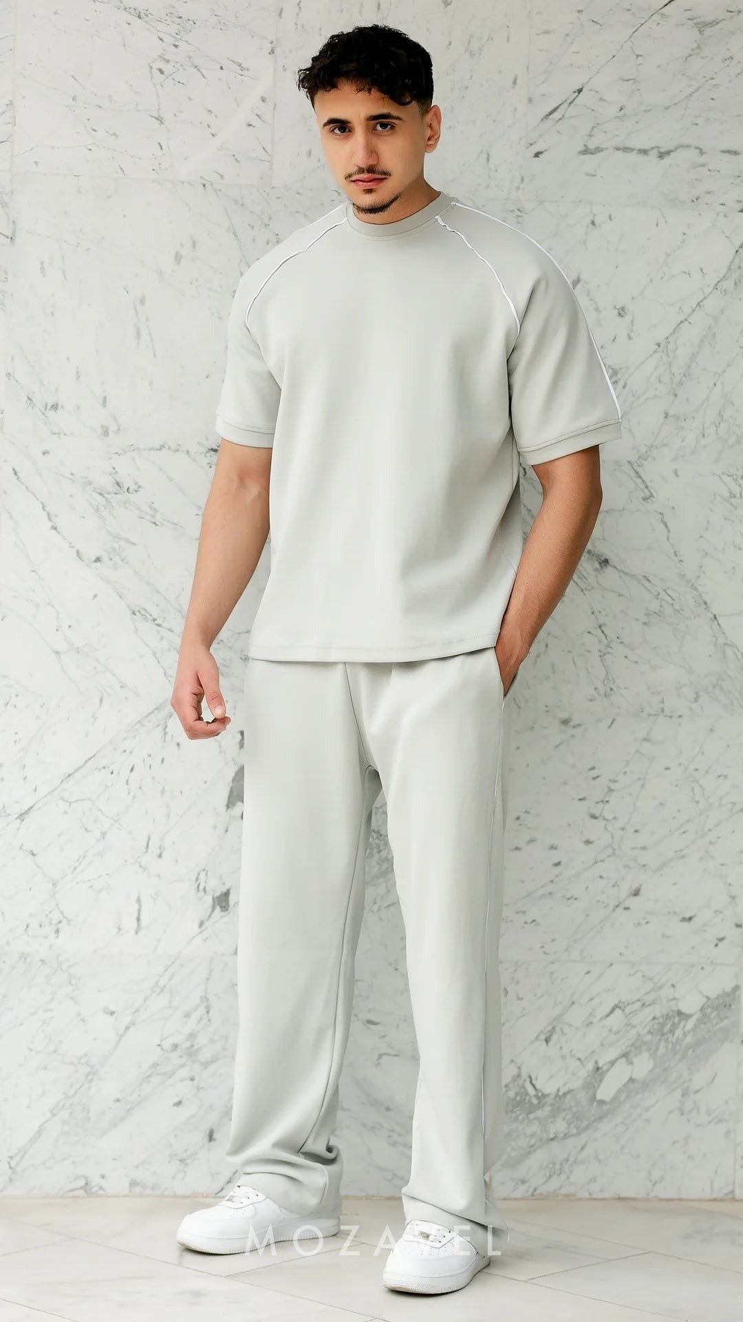 Herren Set „Nova“ – T-Shirt & Hose mit Paspel Hellgrau