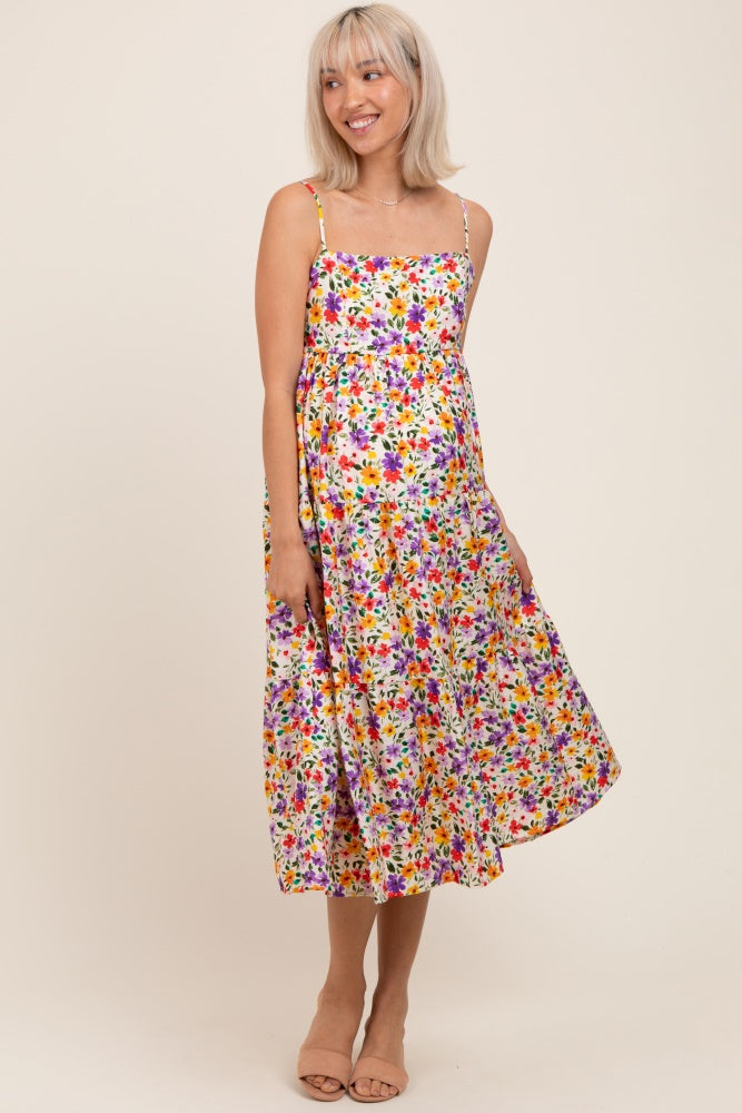 Elfenbeinfarbenes Umstands-Midikleid mit Blumenmuster und Cami-Trägern
