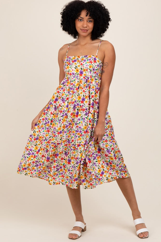 Elfenbeinfarbenes Umstands-Midikleid mit Blumenmuster und Cami-Trägern