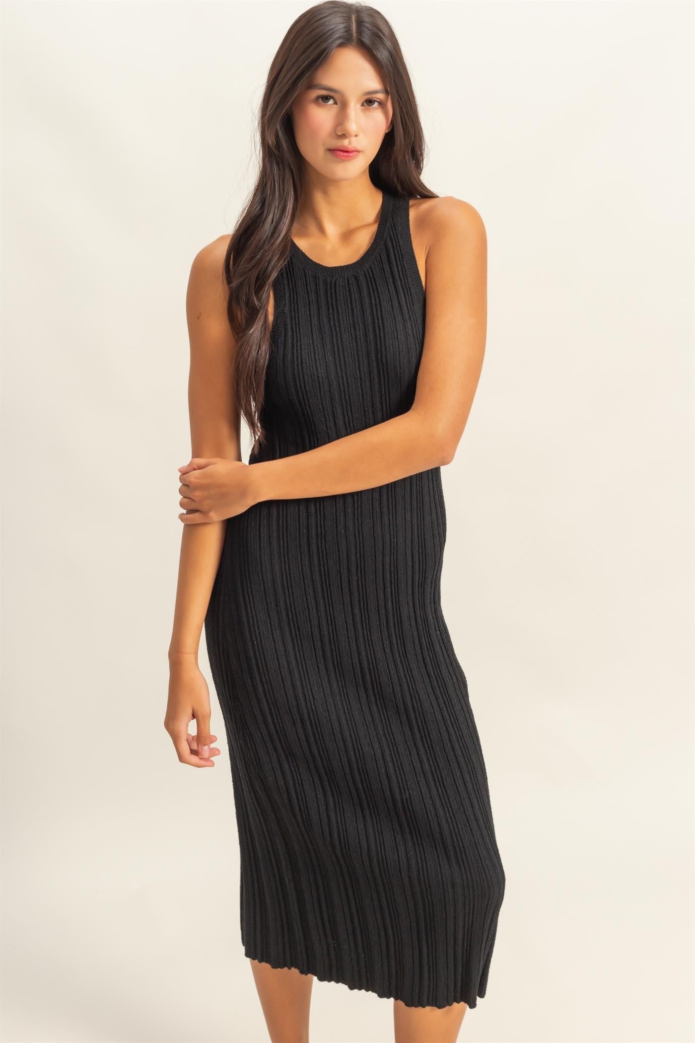Schwarzes Umstands-Midikleid im Rippstrick mit Rundhalsausschnitt und Bodycon-Schnitt