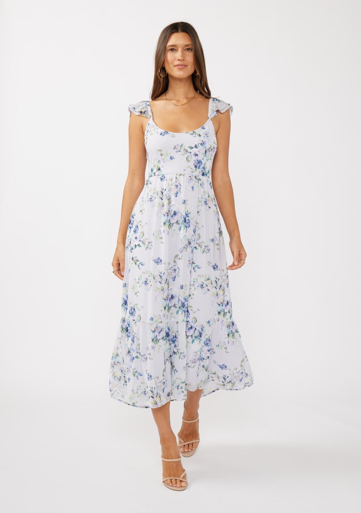 Fliederfarbenes strukturiertes Umstandsmaxikleid mit Blumenmuster und Rückenausschnitt zum Binden