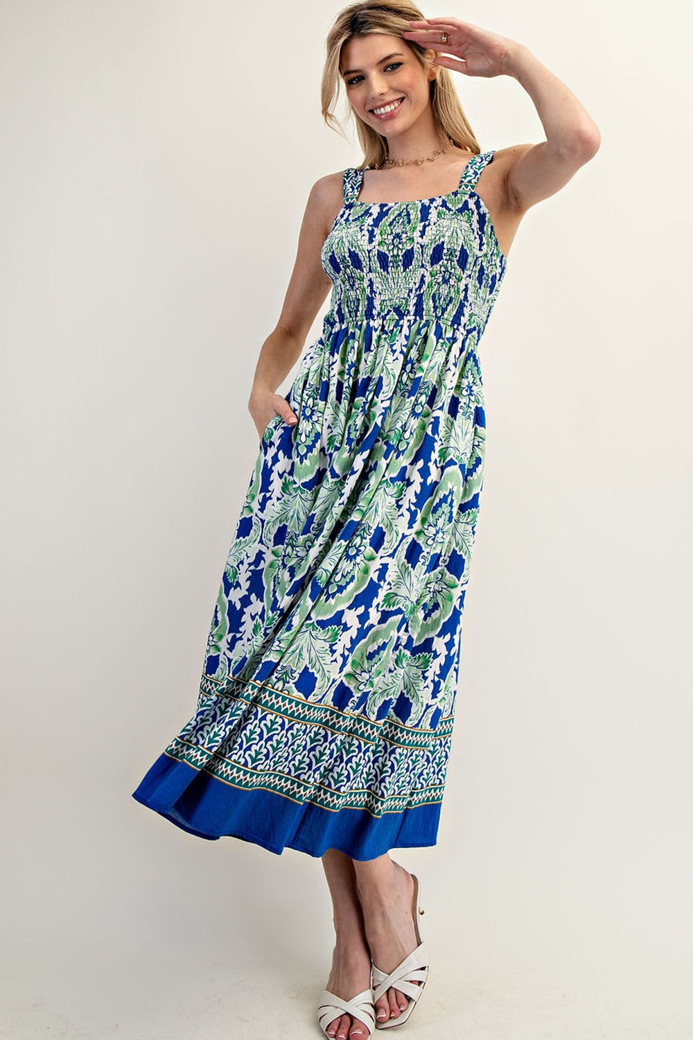 Royalblaues ärmelloses Umstands-Midikleid mit Blumenmuster und Smok