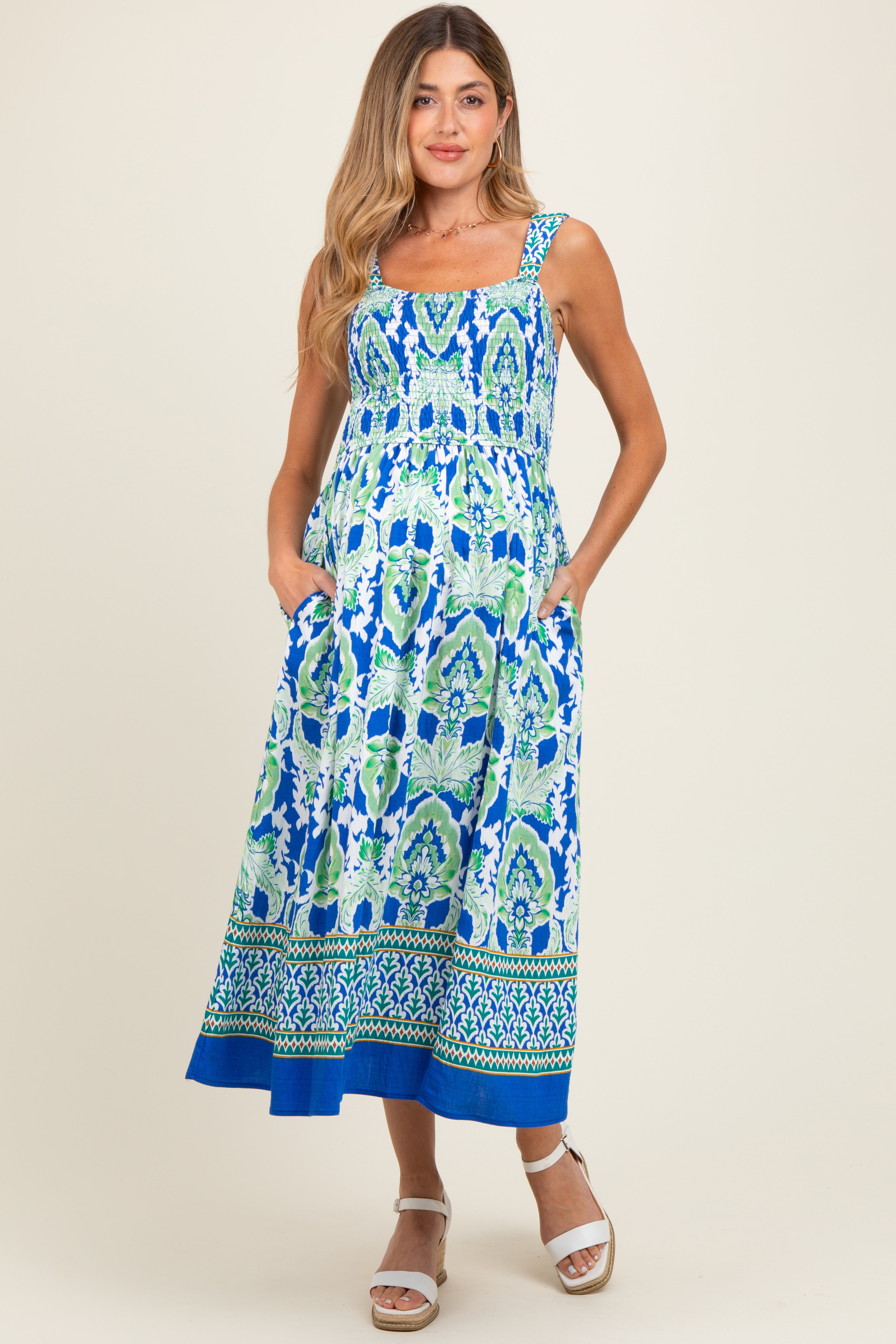 Royalblaues ärmelloses Umstands-Midikleid mit Blumenmuster und Smok