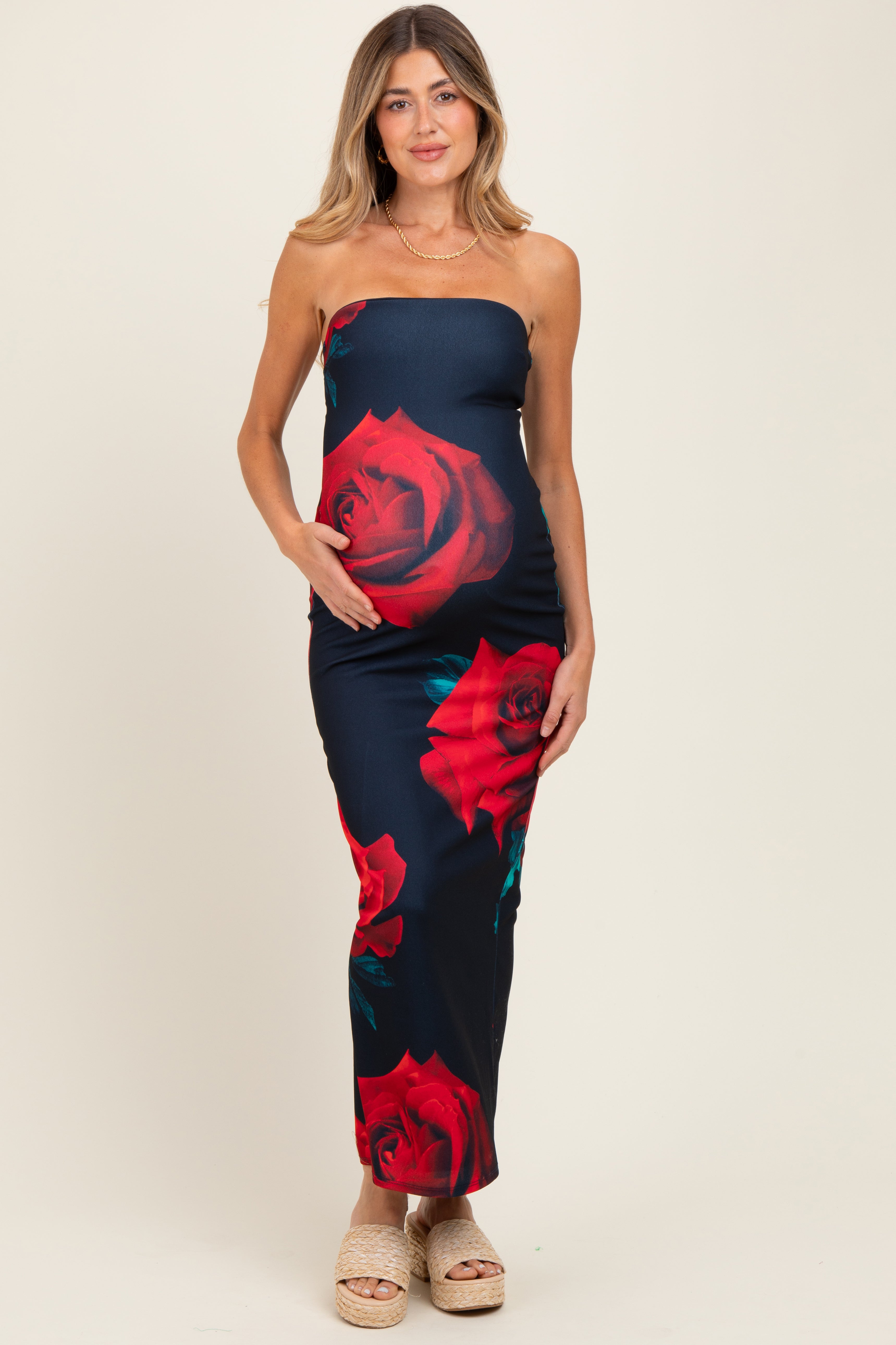 Trägerloses Umstands-Maxikleid in Marineblau mit Blumenmuster