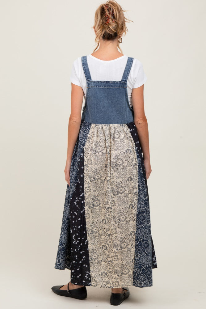 Umstandskleid mit Blumenmuster, Colorblock-Print und Denim-Kontrast in Blau