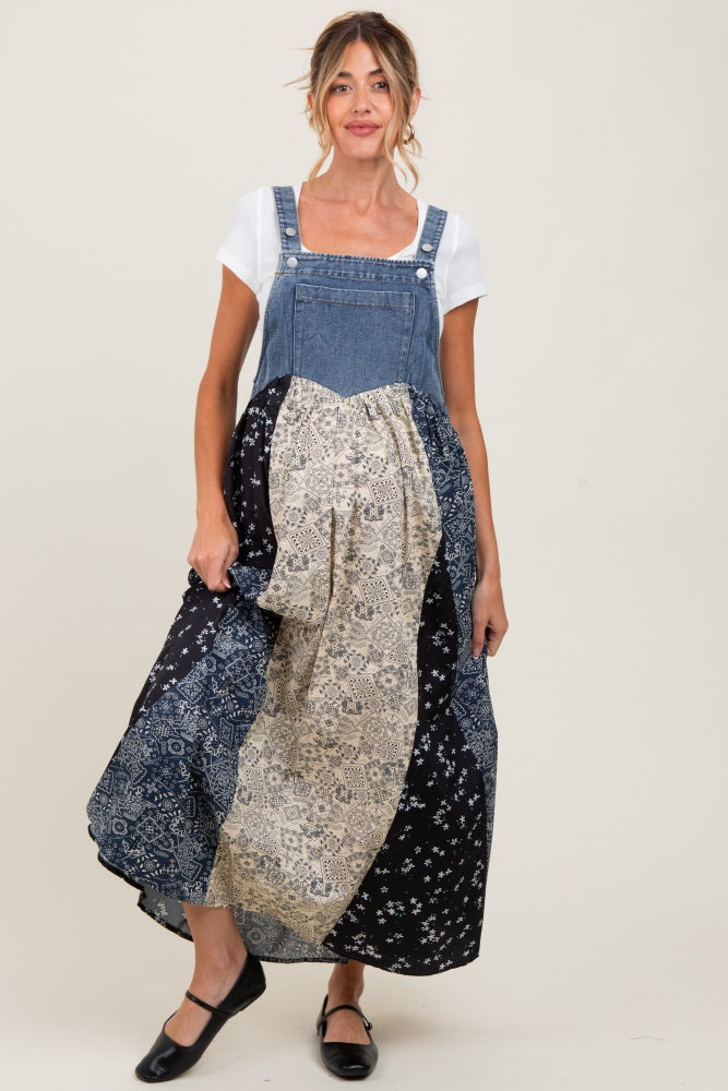 Umstandskleid mit Blumenmuster, Colorblock-Print und Denim-Kontrast in Blau