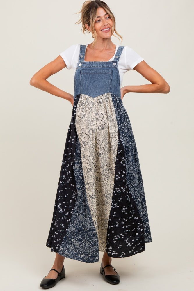 Umstandskleid mit Blumenmuster, Colorblock-Print und Denim-Kontrast in Blau