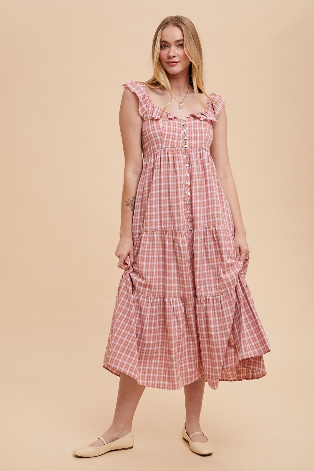 Mauvefarbenes Umstands-Maxikleid aus Baumwolle mit Karomuster