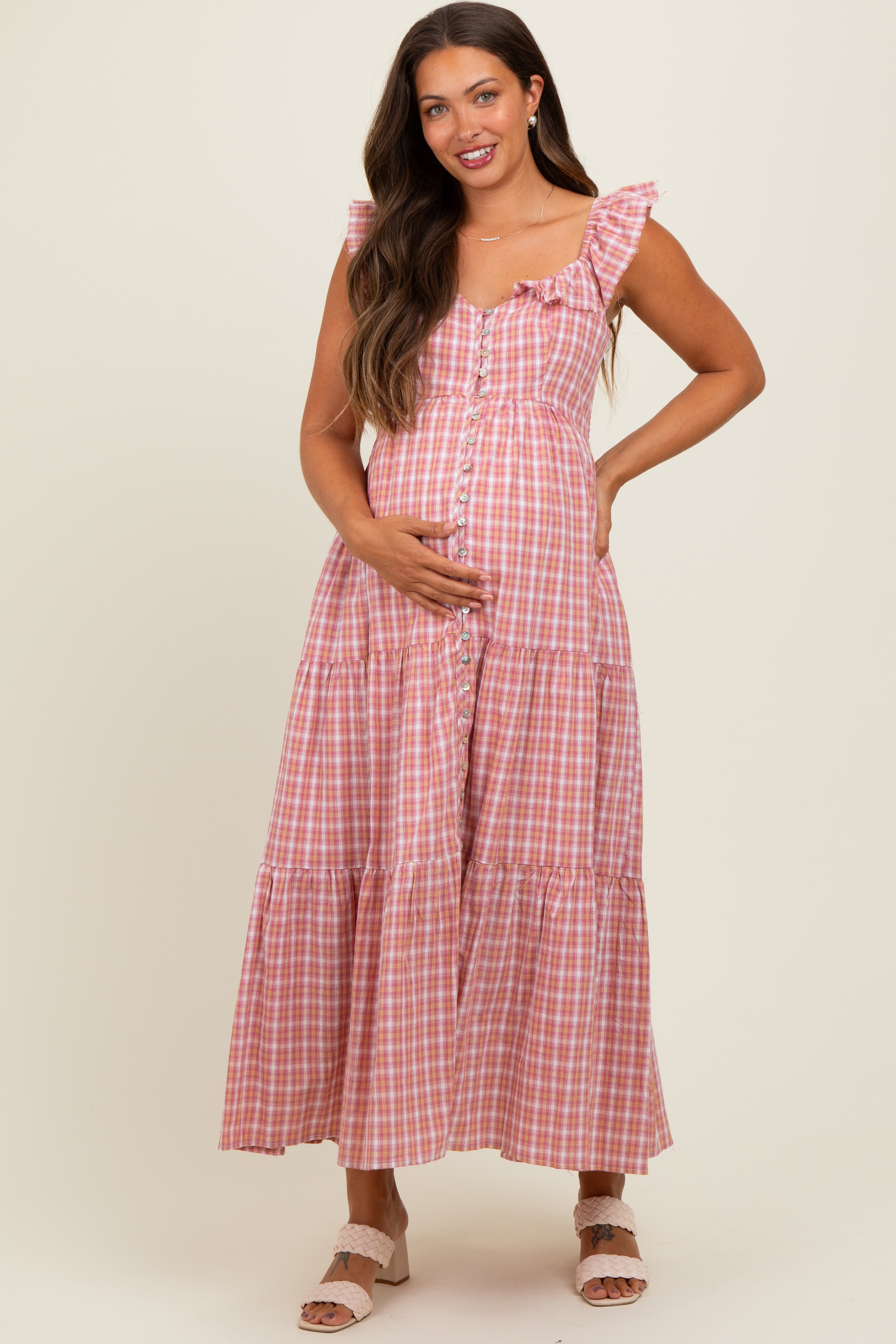 Mauvefarbenes Umstands-Maxikleid aus Baumwolle mit Karomuster