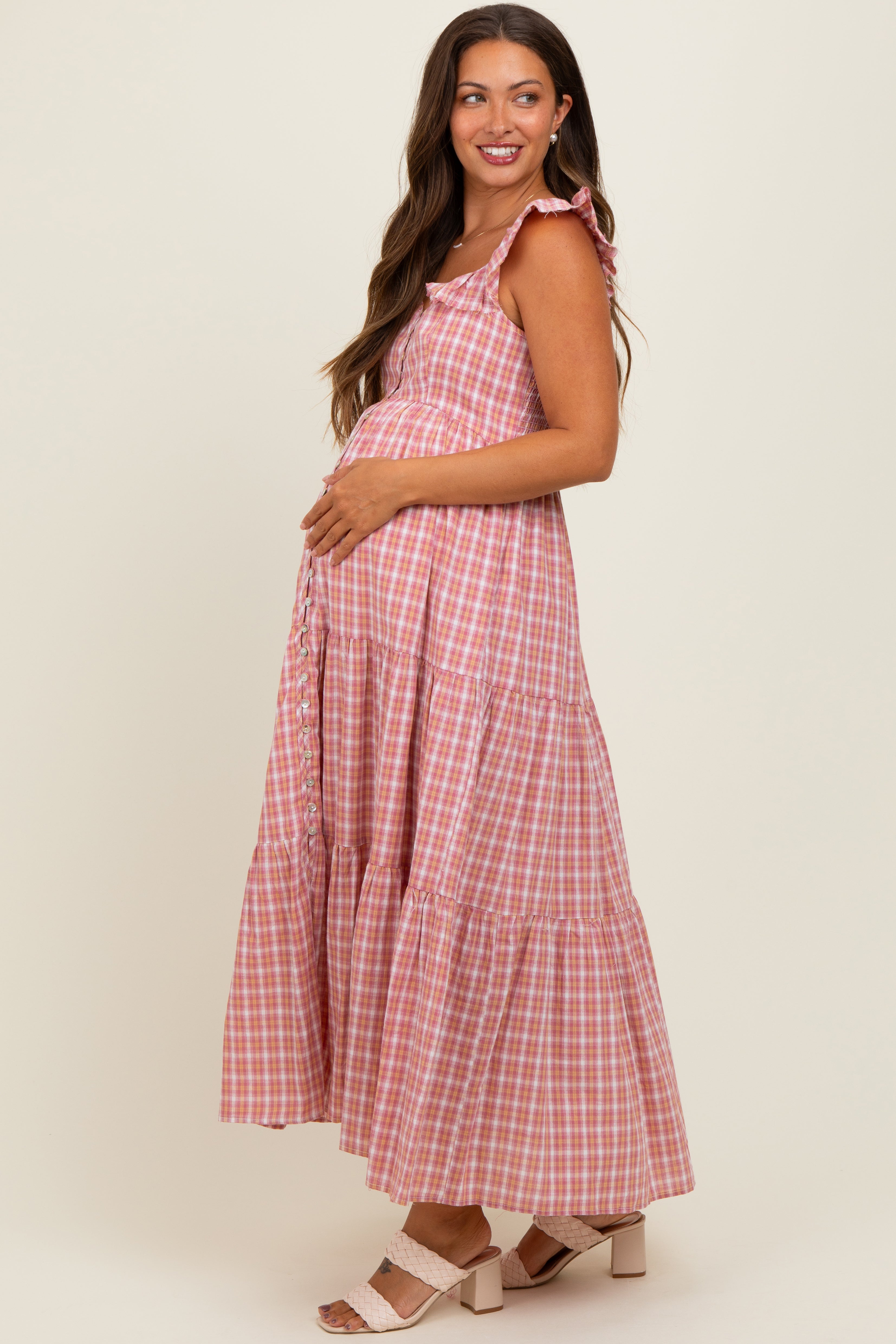 Mauvefarbenes Umstands-Maxikleid aus Baumwolle mit Karomuster
