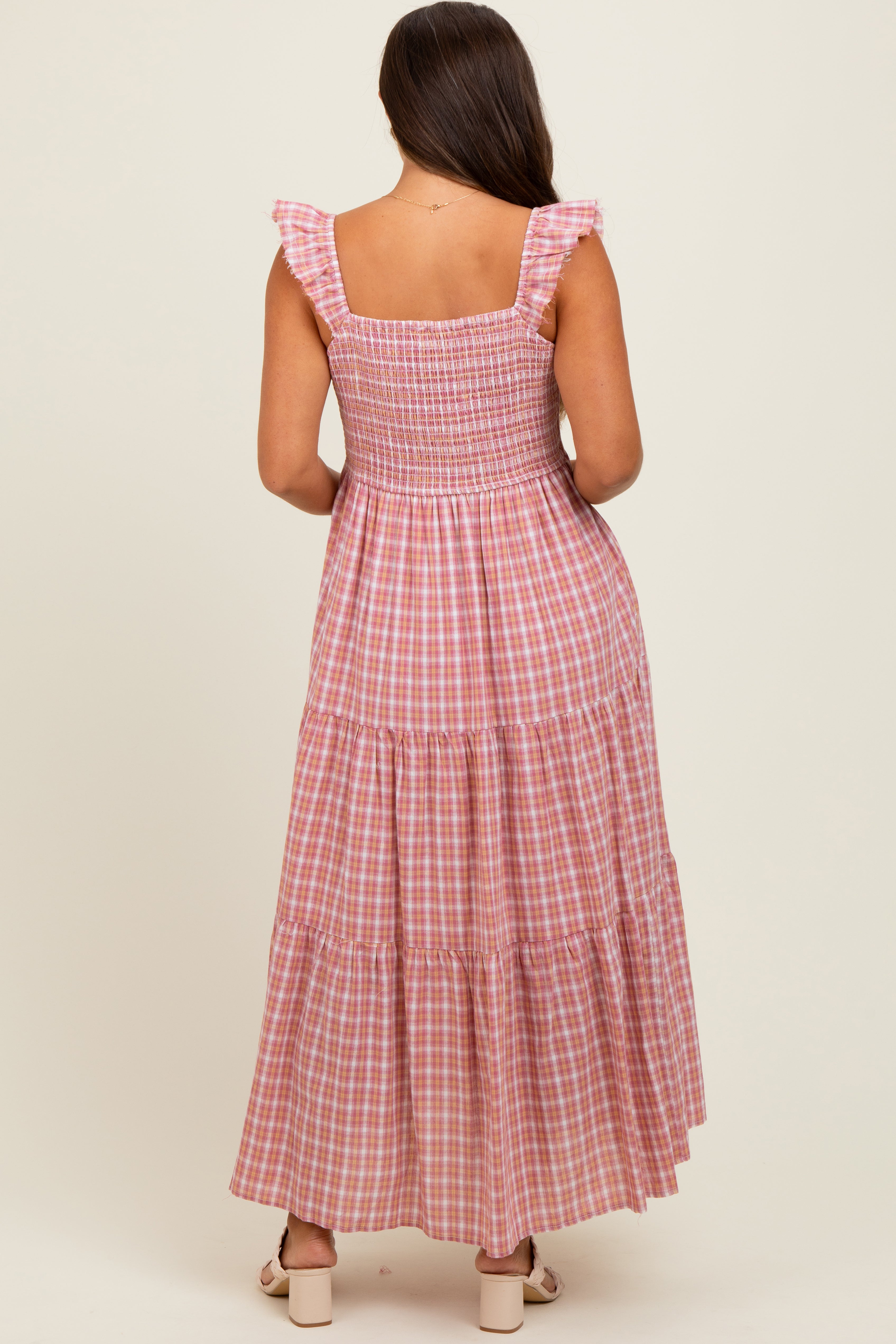 Mauvefarbenes Umstands-Maxikleid aus Baumwolle mit Karomuster