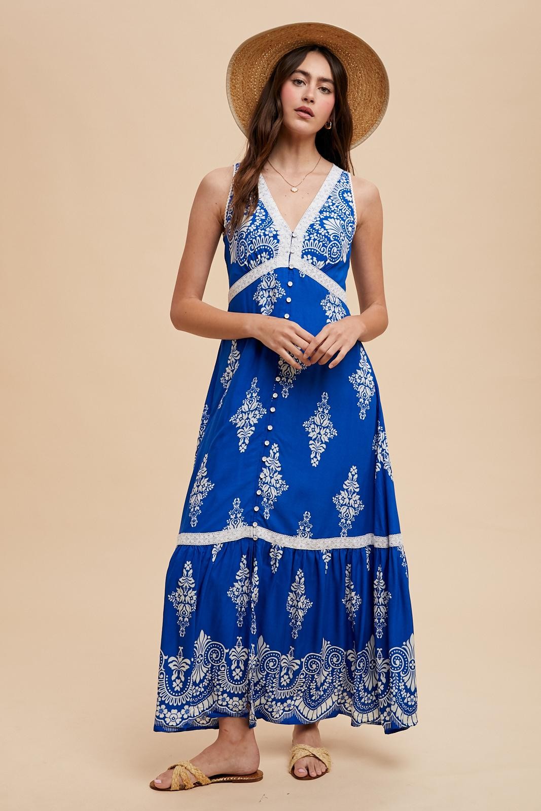 Umstands-Maxikleid im Resort-Stil mit Bordürendruck in Königsblau