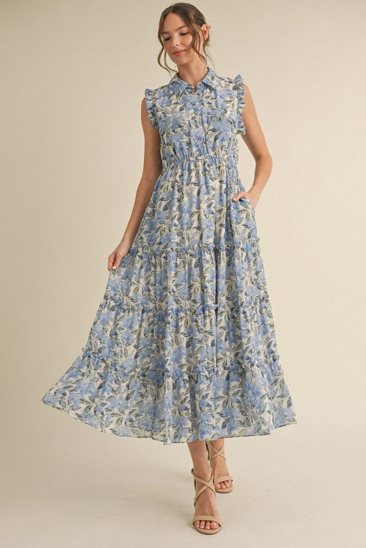 Umstands-Midikleid mit Blumenmuster, Rüschen und Taschen