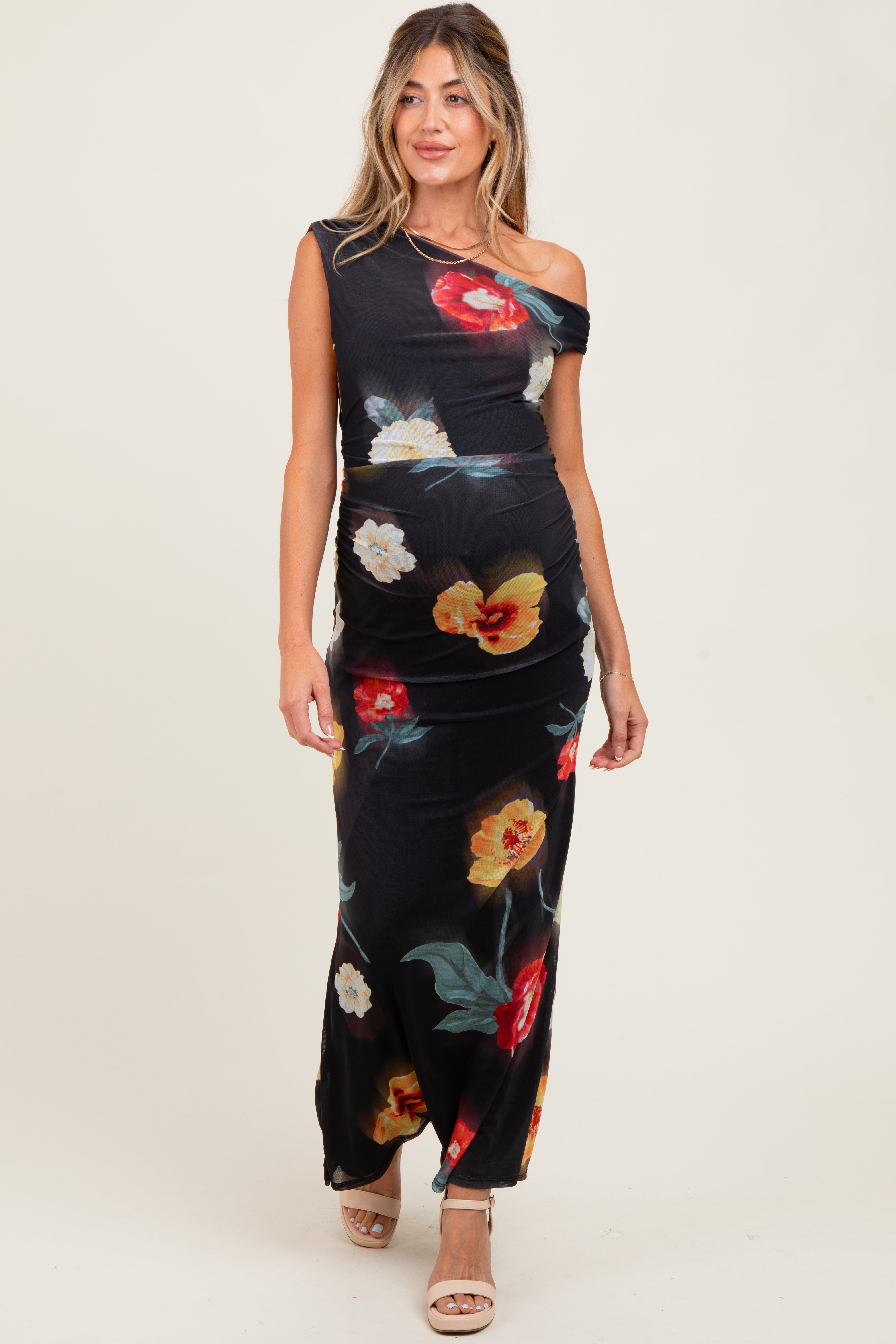 One-Shoulder-Umstands-Maxikleid aus Mesh mit Blumenmuster in Schwarz