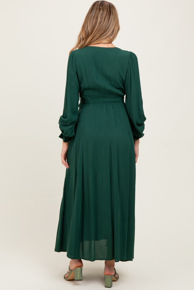 Umstands-Maxikleid zum Durchknöpfen mit Spitzendetail in Waldgrün