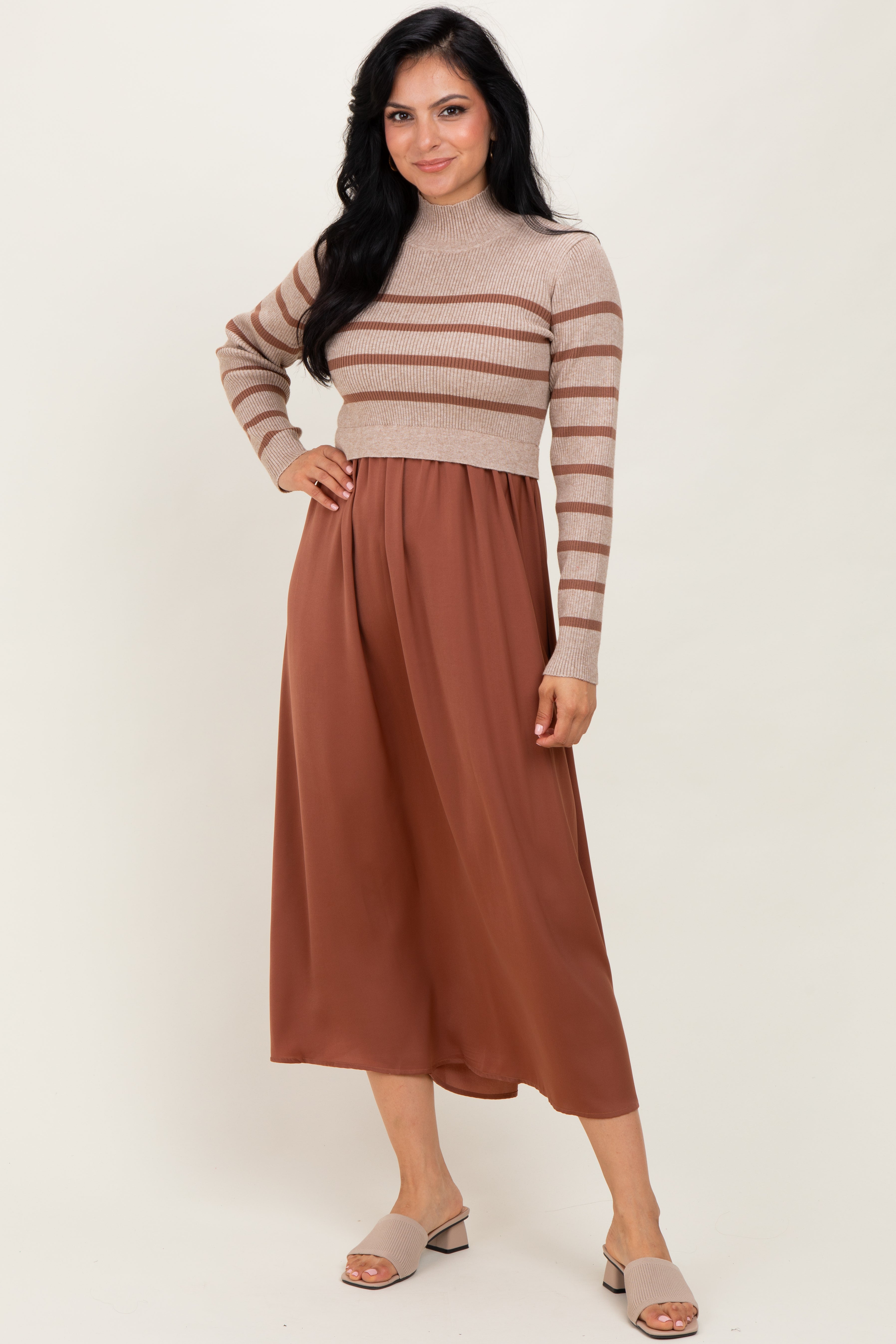 Gestreiftes Umstands-Maxikleid mit Kontrast-Strickoberteil