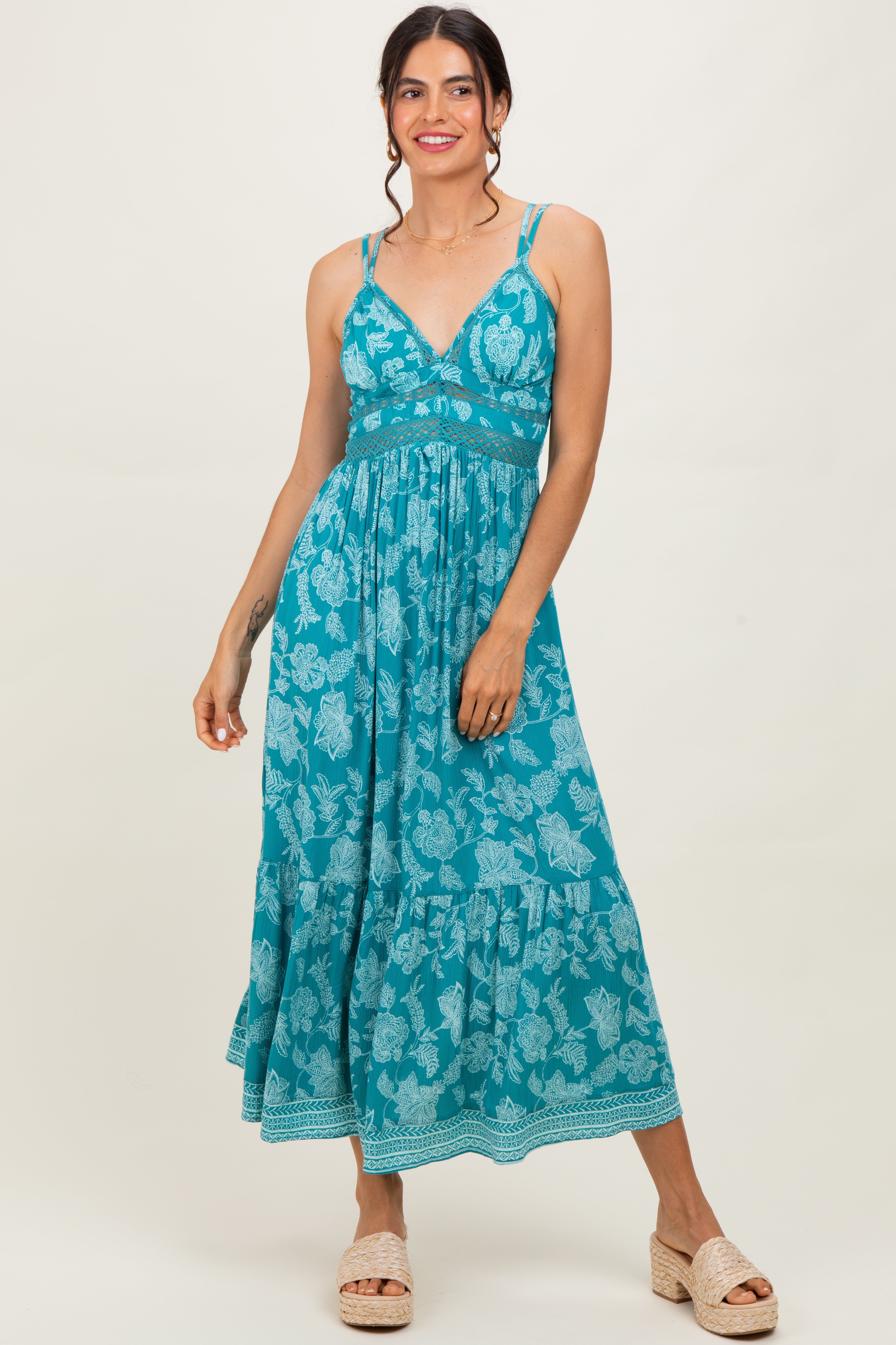 Petrolfarbenes Umstands-Maxikleid mit Blumenmuster, V-Ausschnitt und Spitzenbesatz
