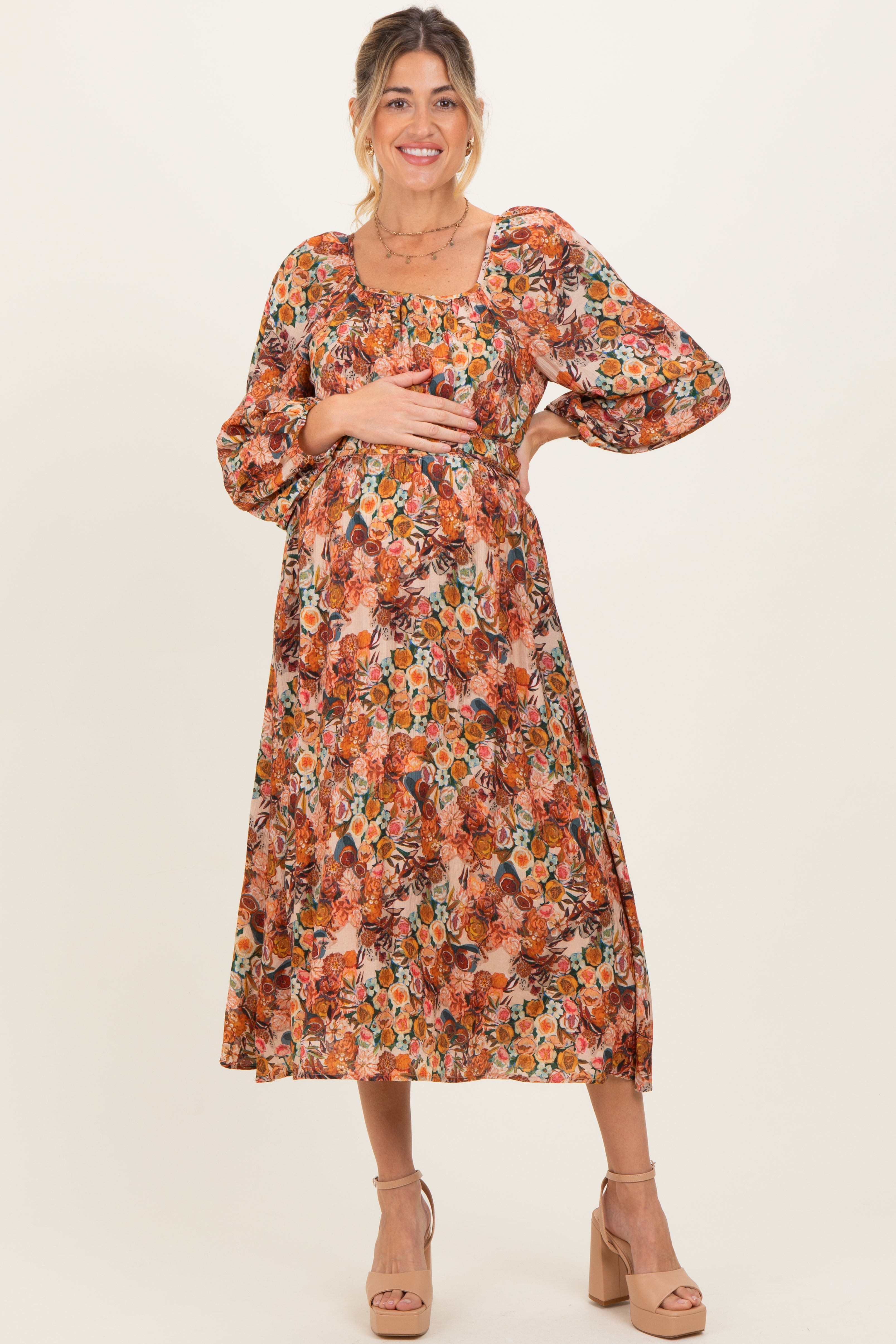 Umstands-Midikleid mit Blumenmuster und gesmoktem Bund