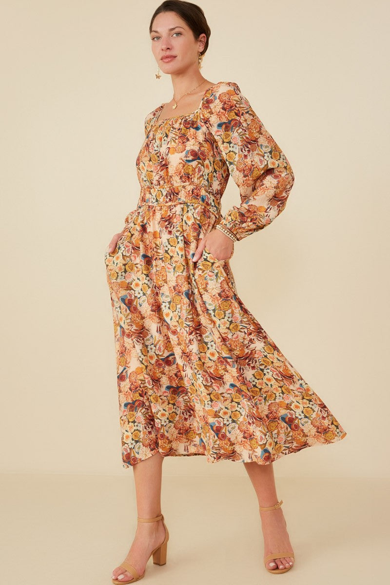 Umstands-Midikleid mit Blumenmuster und gesmoktem Bund