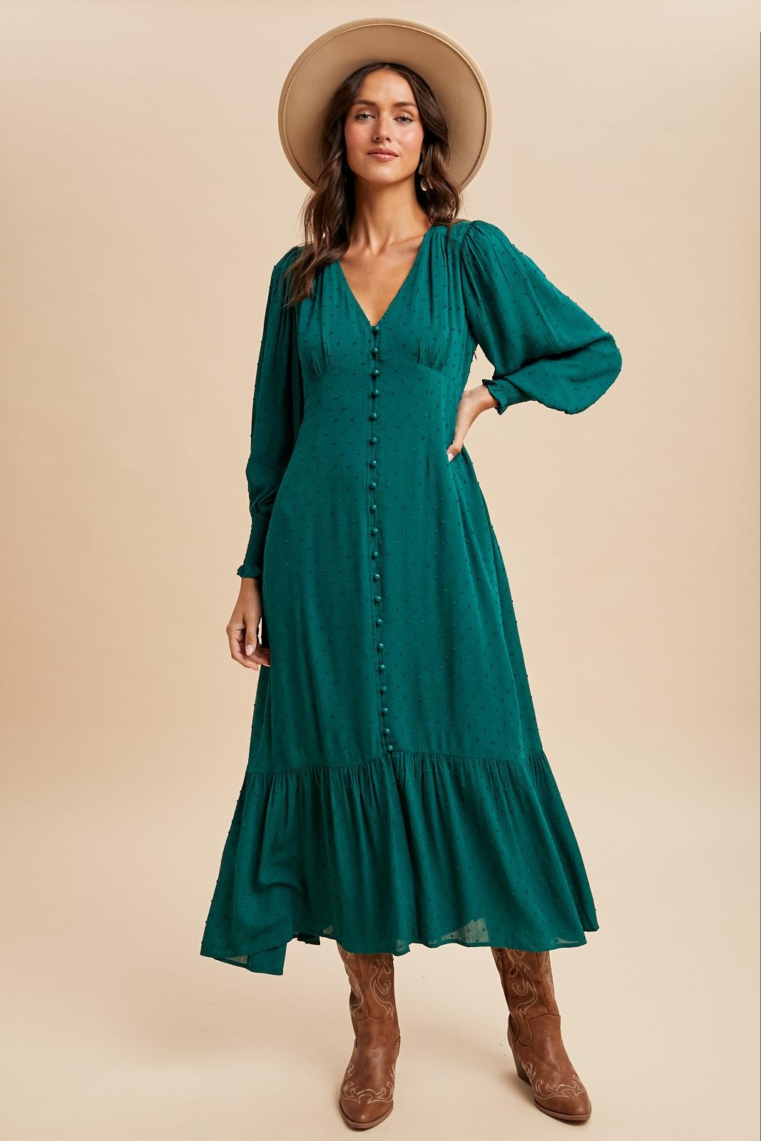 Immergrünes Umstands-Maxikleid mit Swiss-Dot-Muster und durchgehender Knopfleiste