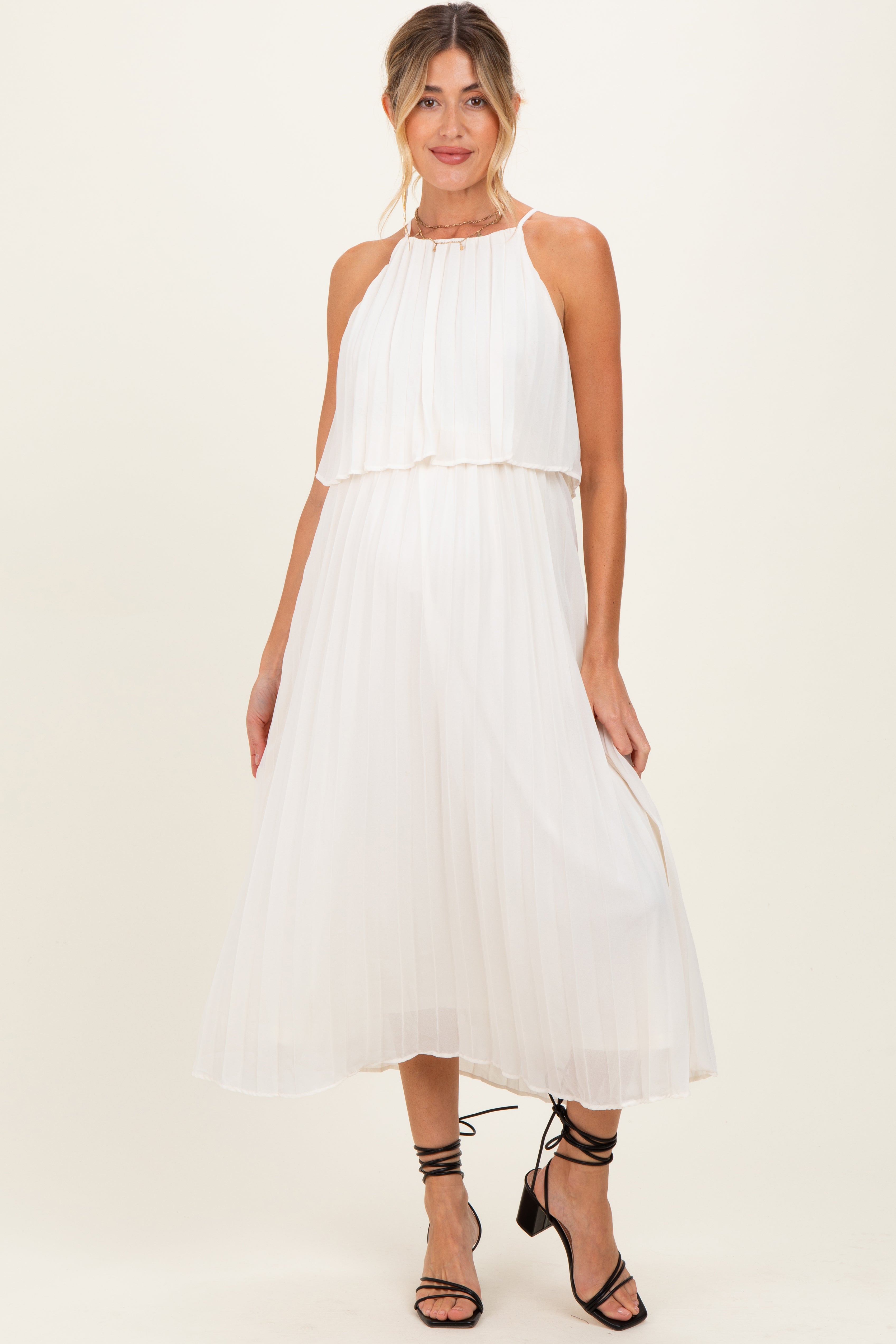 Cremefarbenes Umstands-Midikleid mit Plissee aus Webstoff