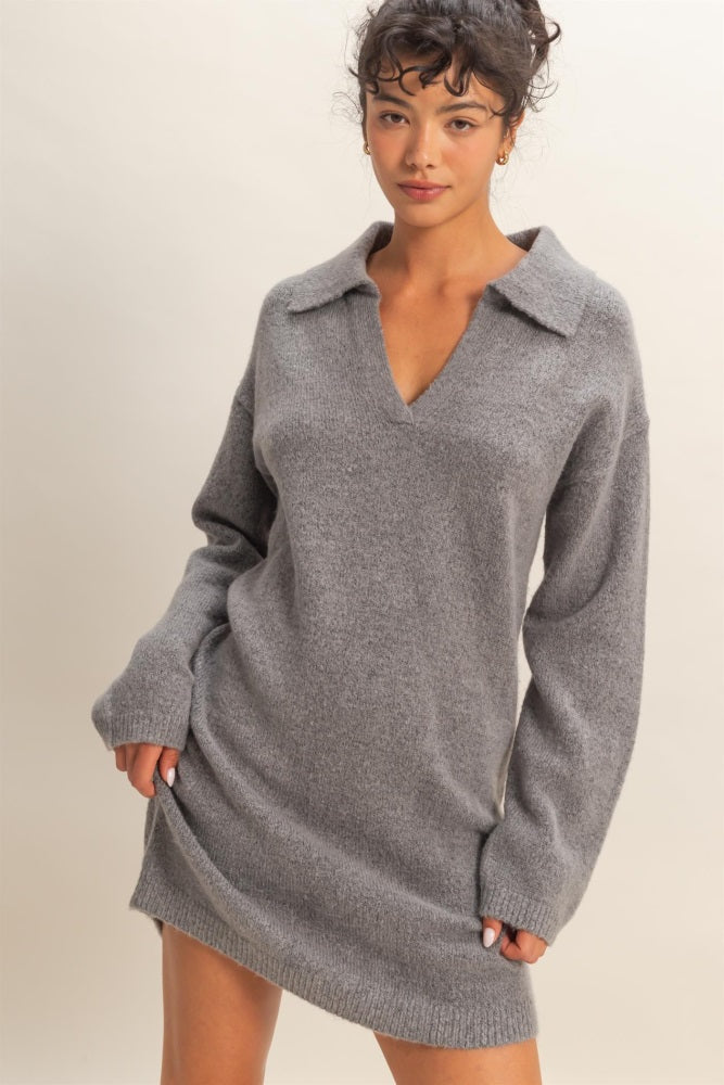 Langärmliges Umstands-Sweaterkleid im Polostil in Graumeliert