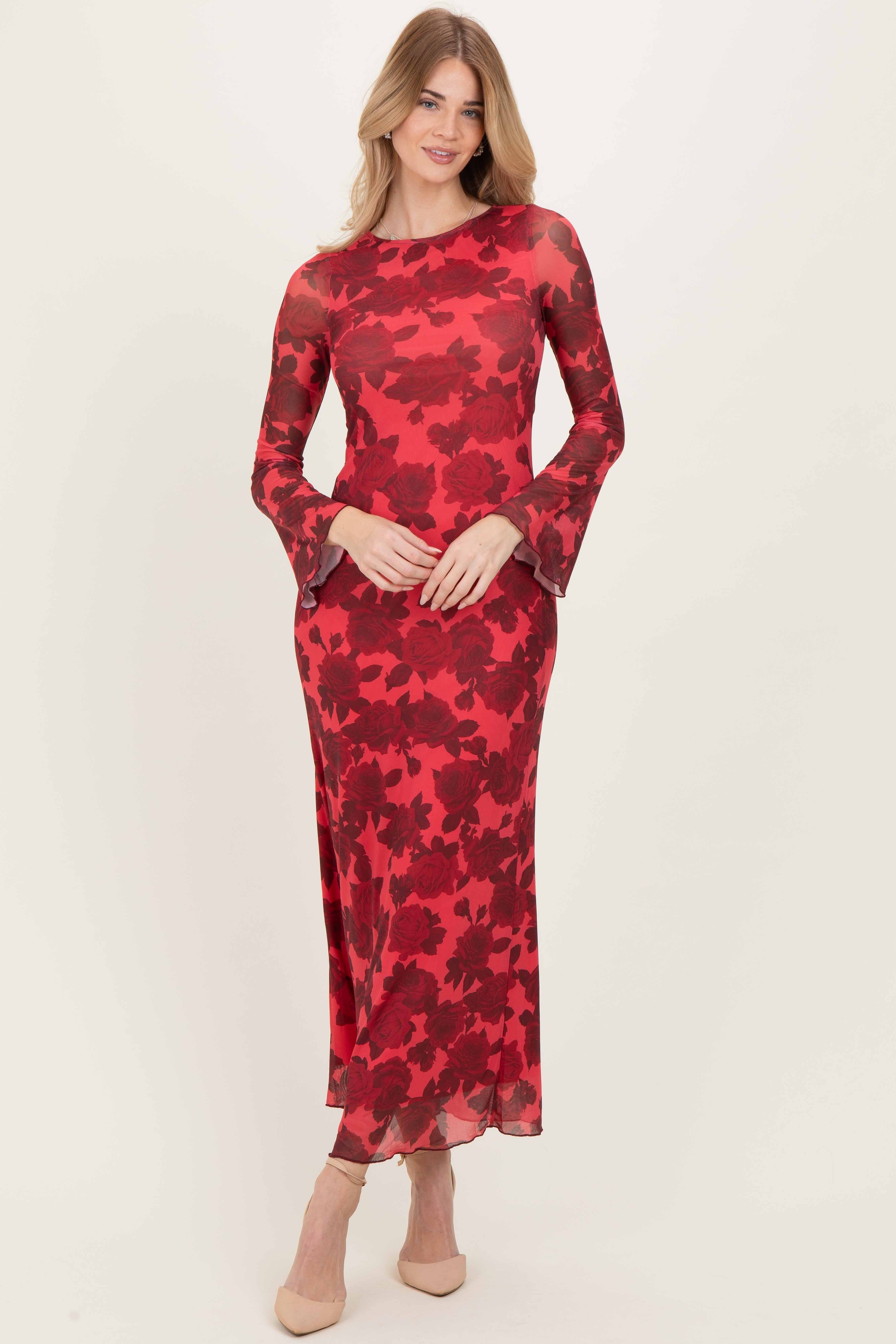 Geblümtes Umstands-Maxikleid mit Trompetenärmeln in Rot