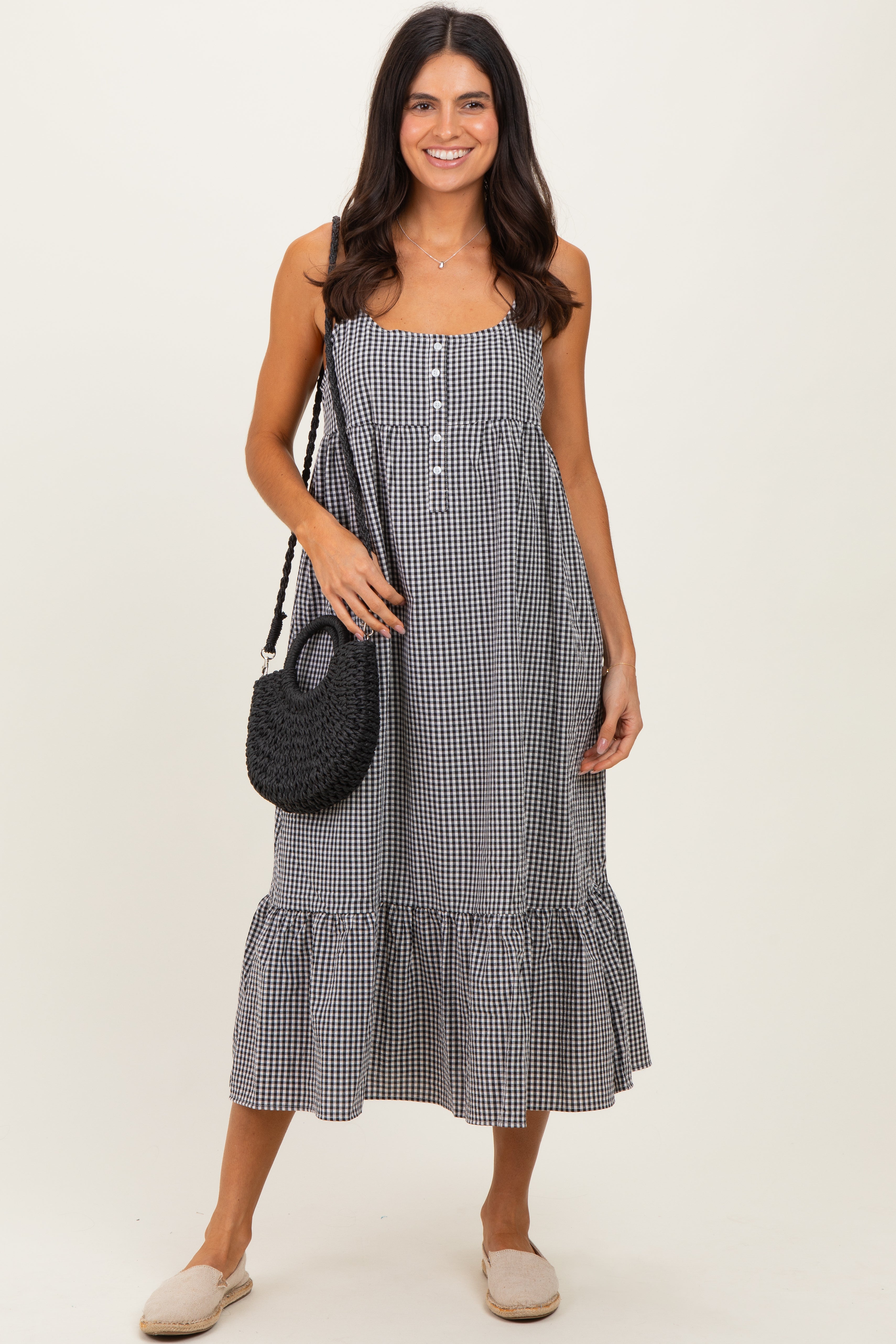 Ärmelloses Umstands-Midikleid in Schwarz mit Vichy-Karo