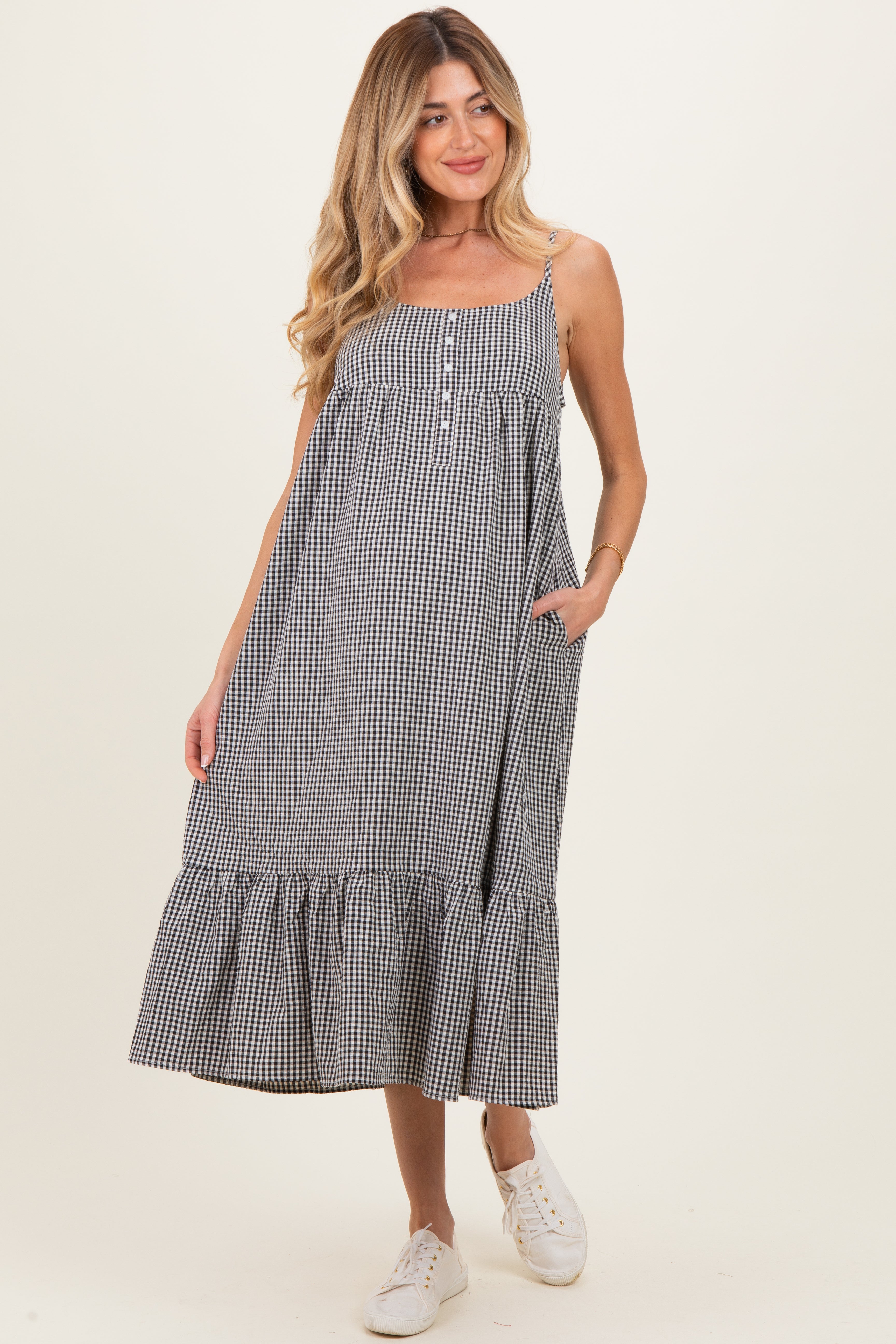 Ärmelloses Umstands-Midikleid in Schwarz mit Vichy-Karo