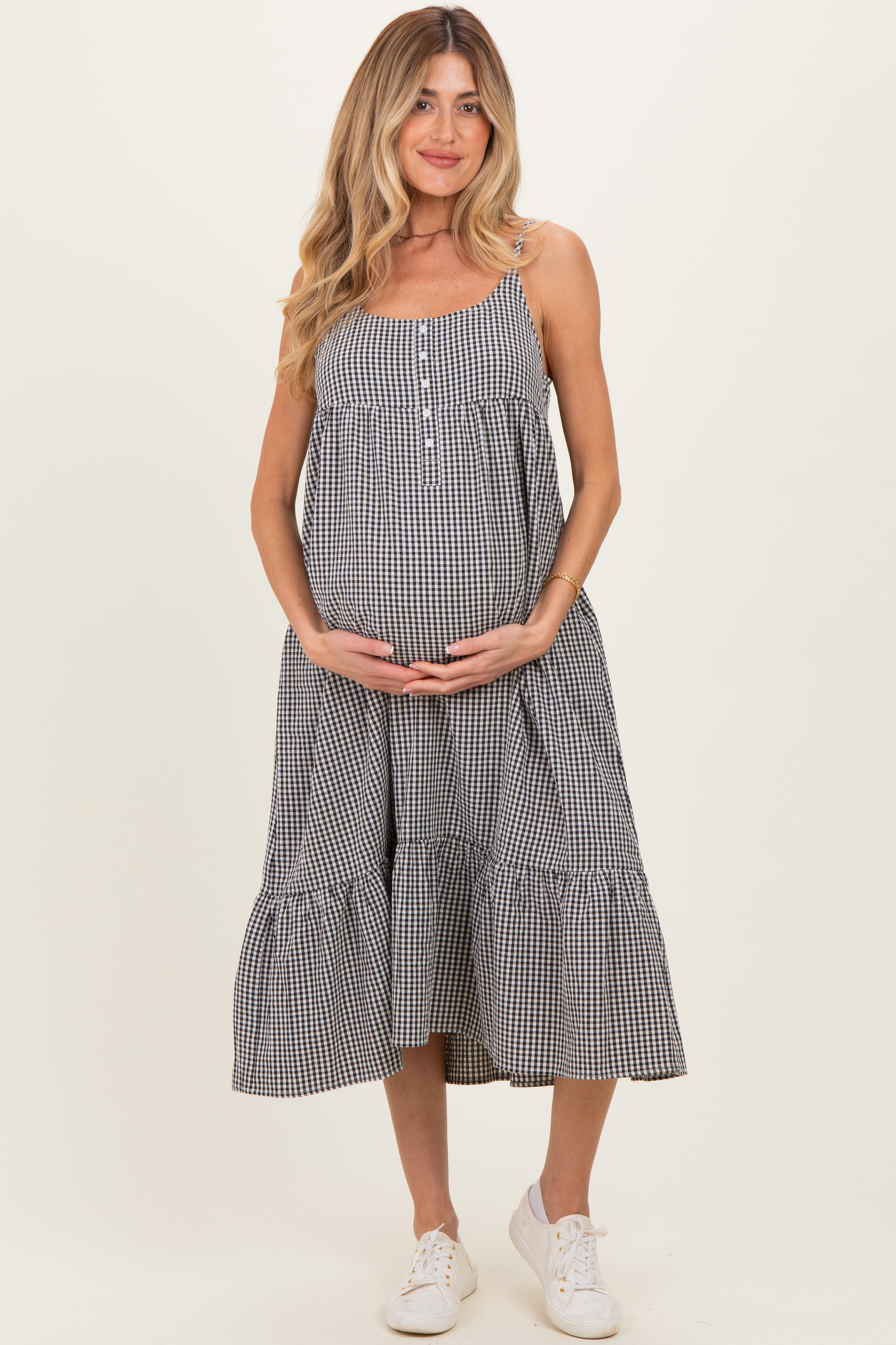 Ärmelloses Umstands-Midikleid in Schwarz mit Vichy-Karo