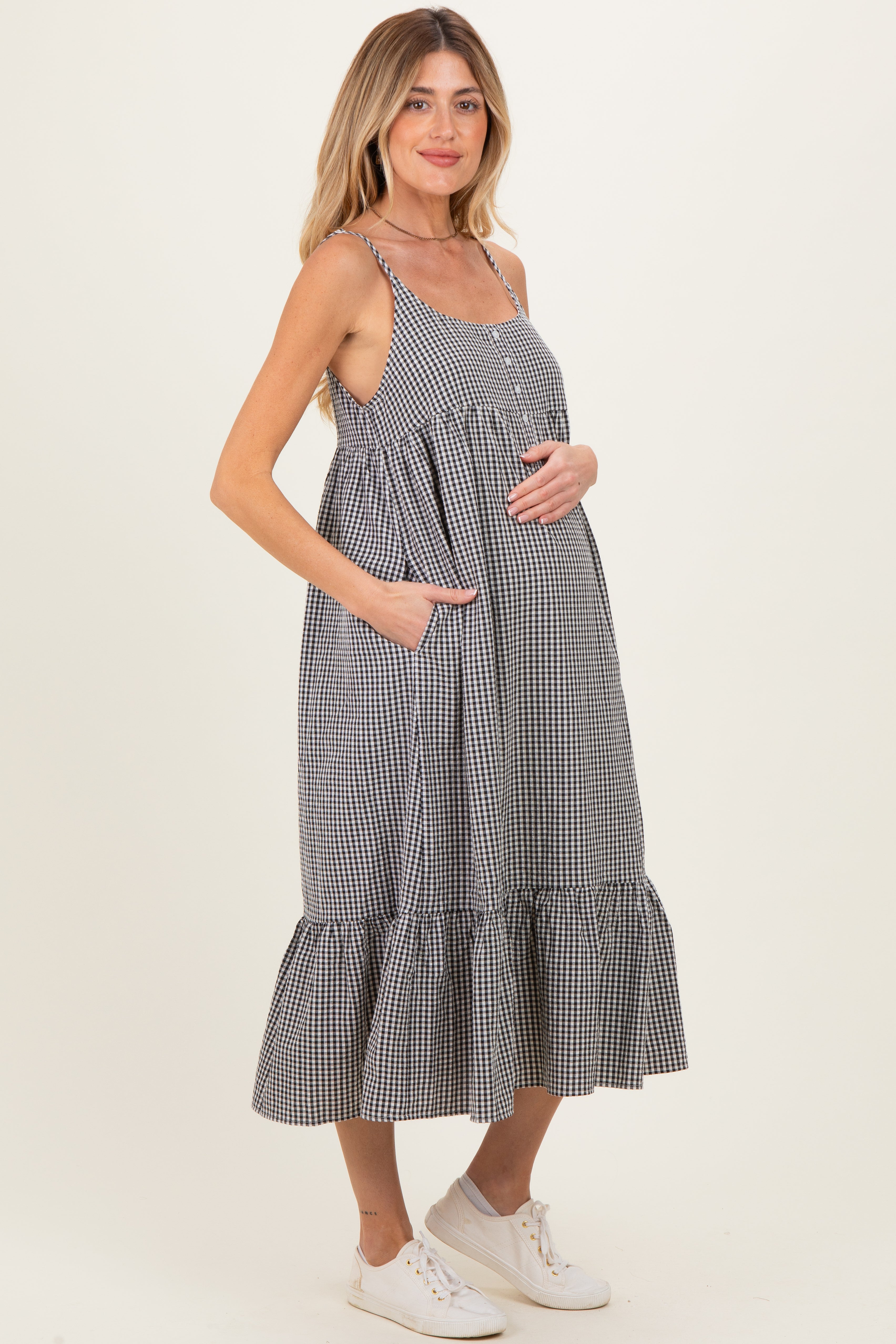 Ärmelloses Umstands-Midikleid in Schwarz mit Vichy-Karo