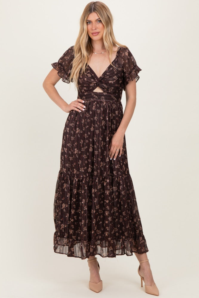 Geblümtes gestreiftes Umstands-Maxikleid mit Twist-Front und Cut-out