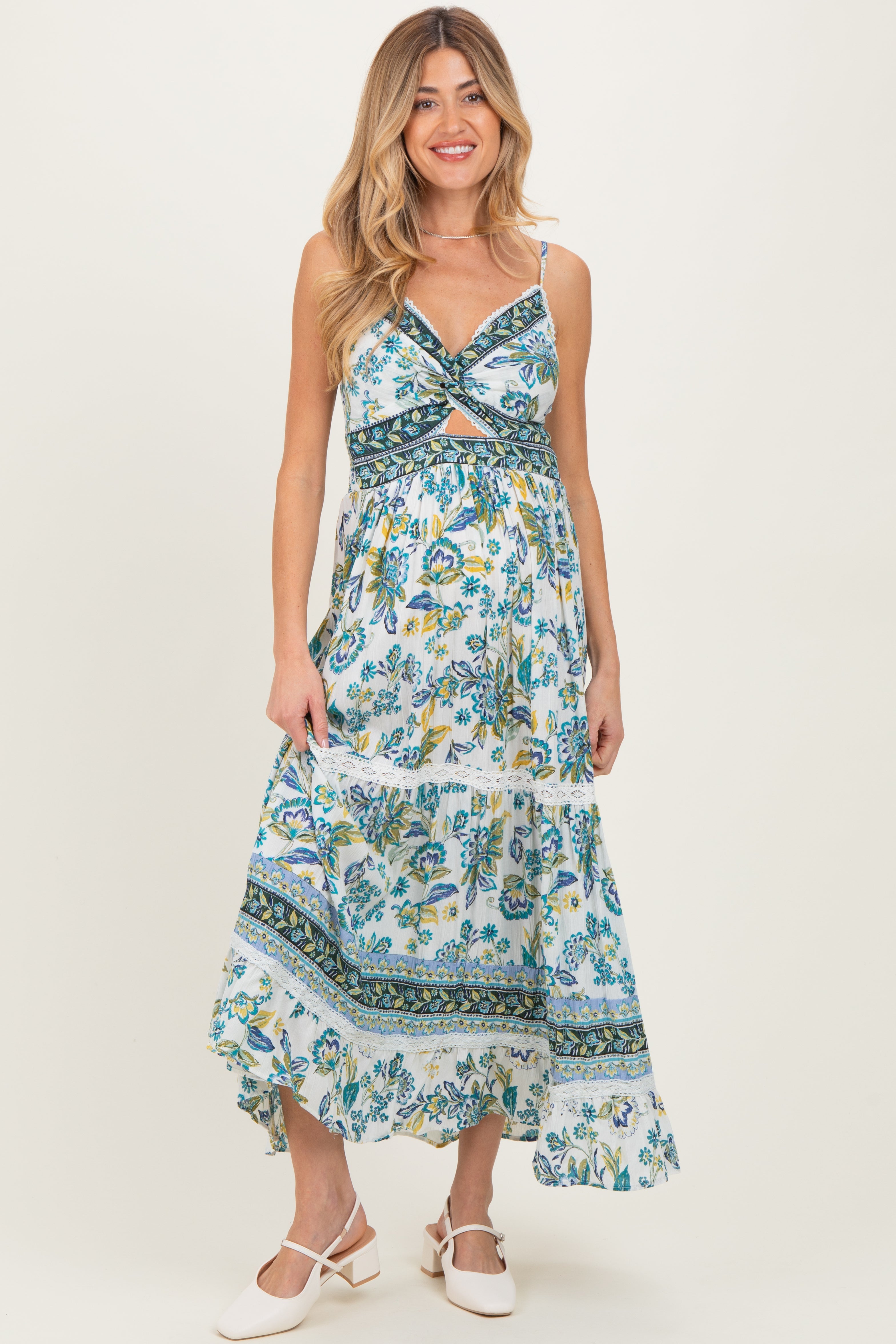 Geblümtes Umstands-Maxikleid mit gedrehter Front und Spitzendetail