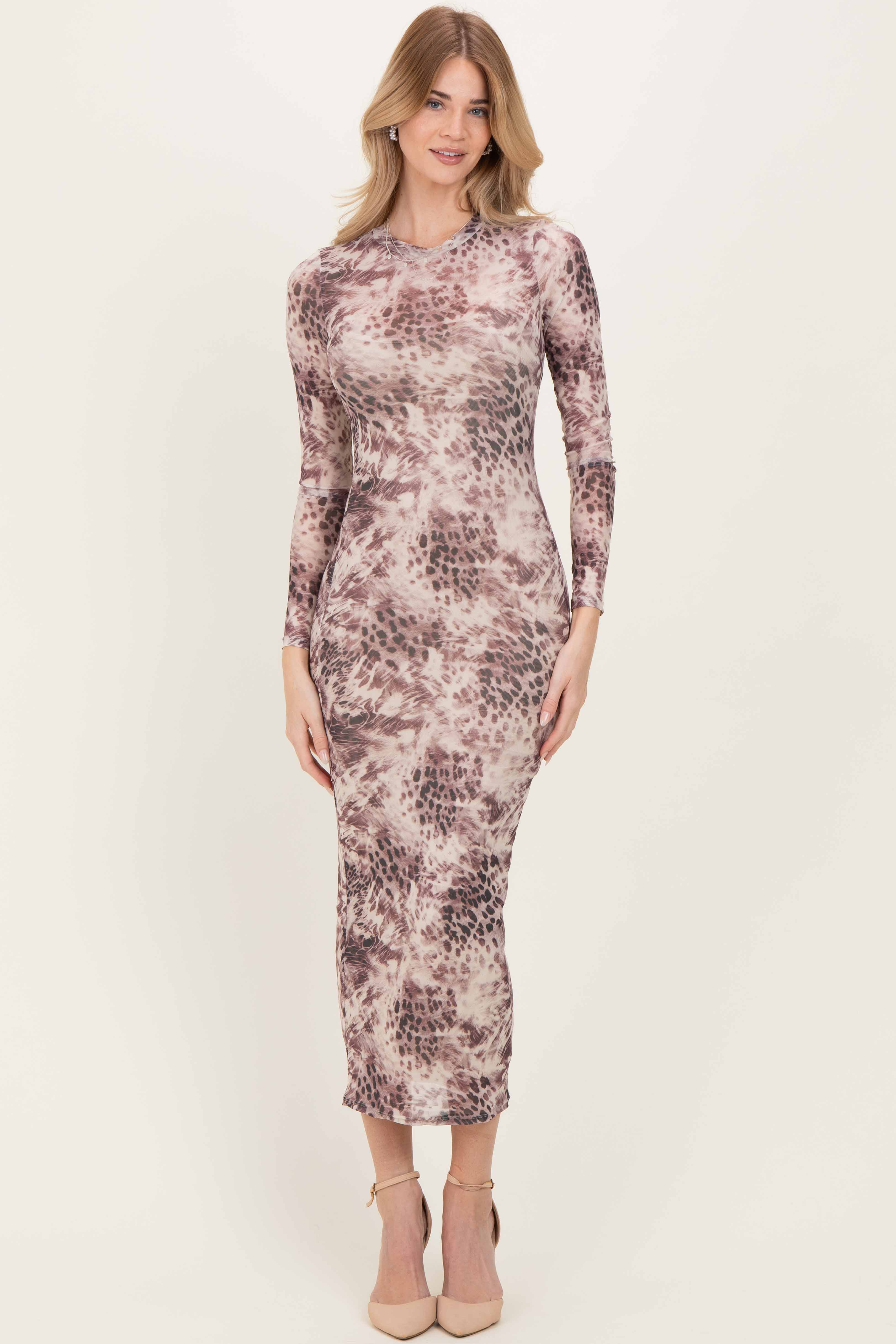 Umstands-Maxikleid mit Animal-Print und Mesh-Overlay in Creme