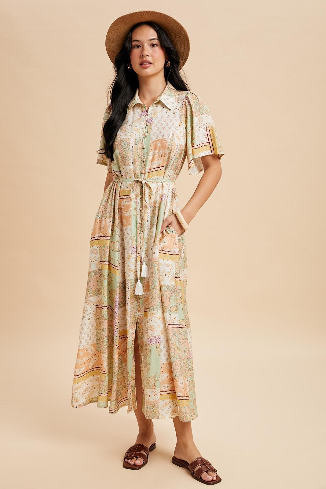 Umstandsmaxikleid mit Patchwork-Print und Knopfleiste in Multicolor